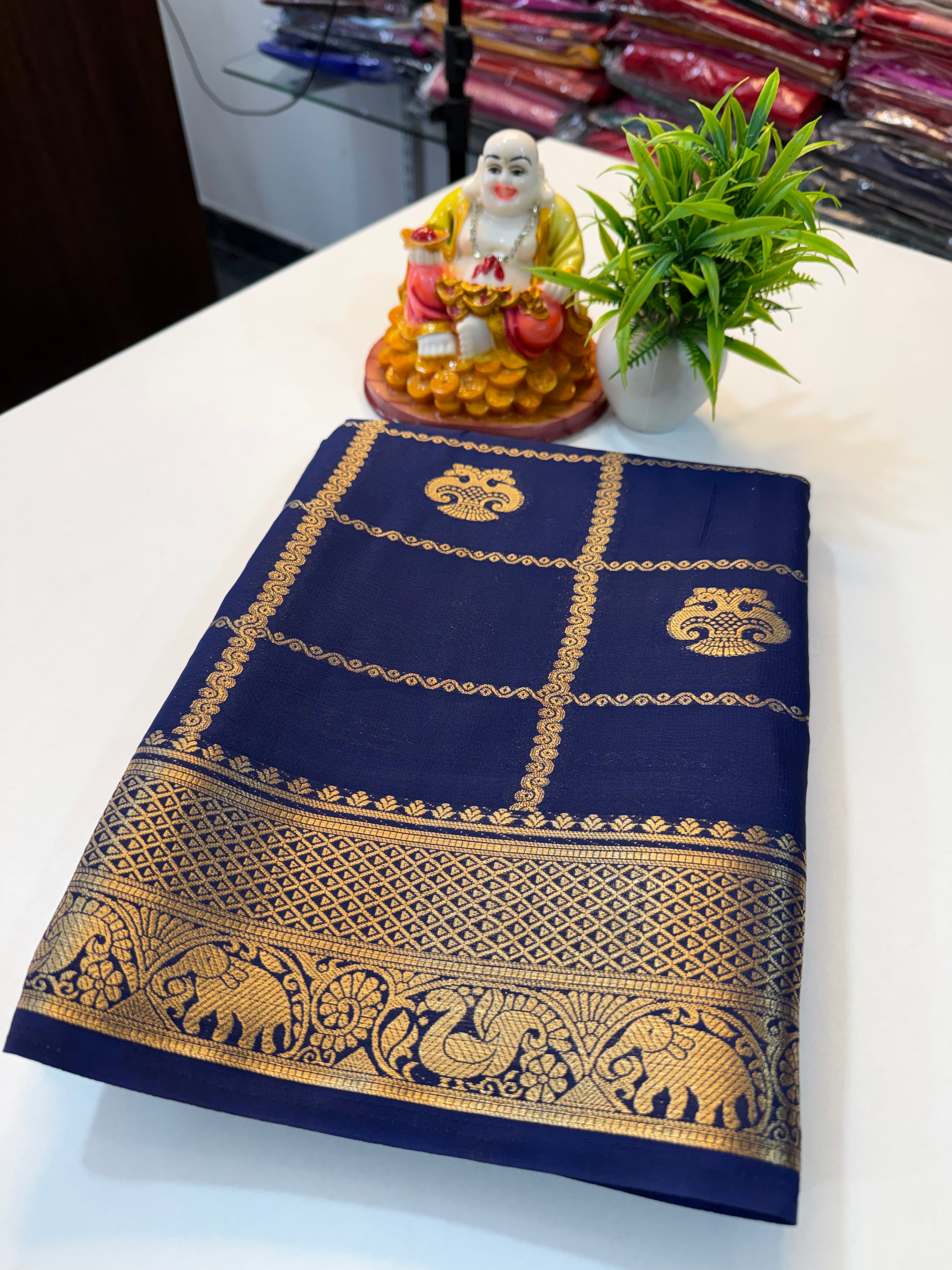Premium Ganda Berunda Checks Saree with Rich Pallu & Butta Blouse...mysore crape silk saree…