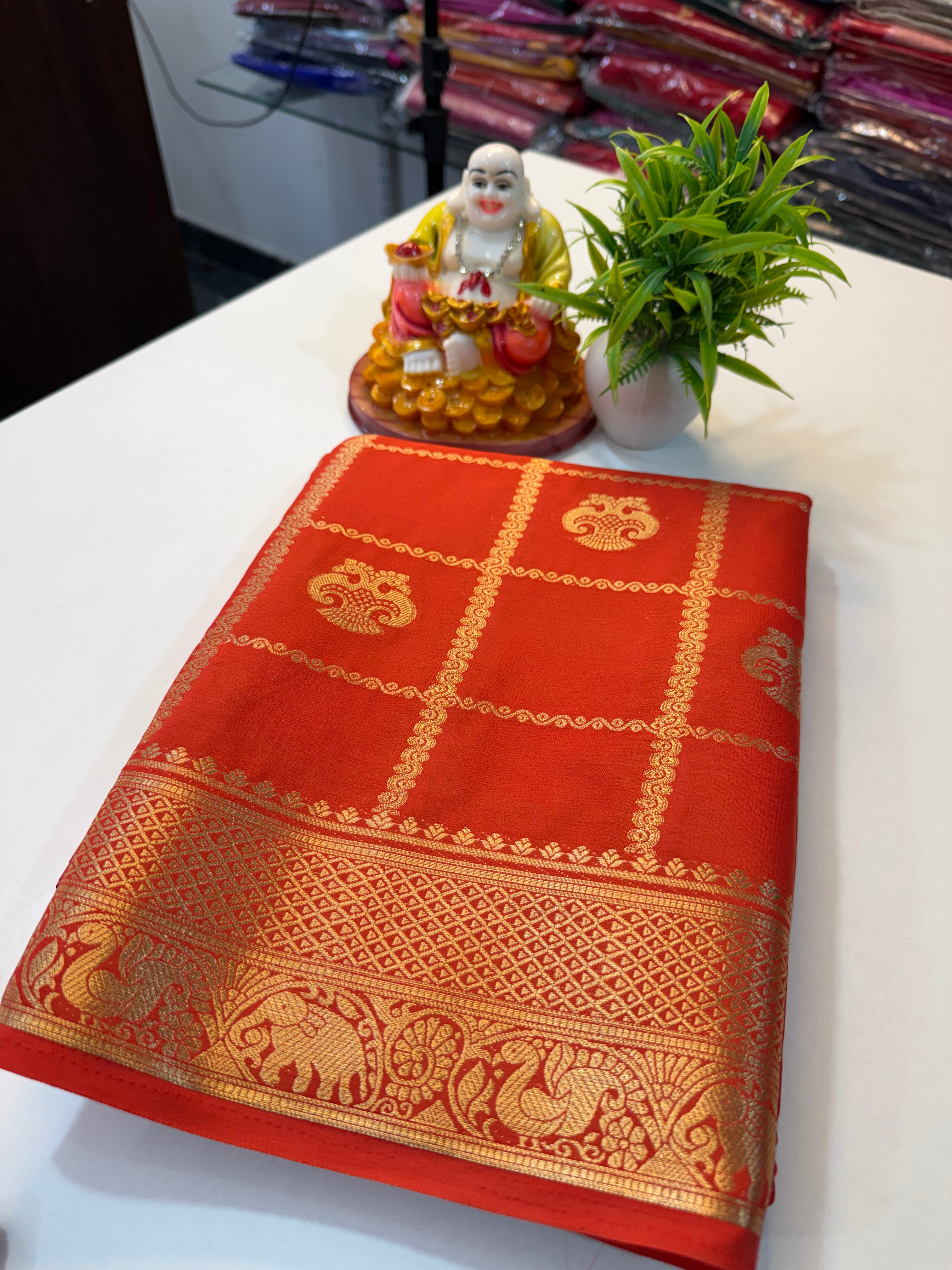 Premium Ganda Berunda Checks Saree with Rich Pallu & Butta Blouse...mysore crape silk saree…