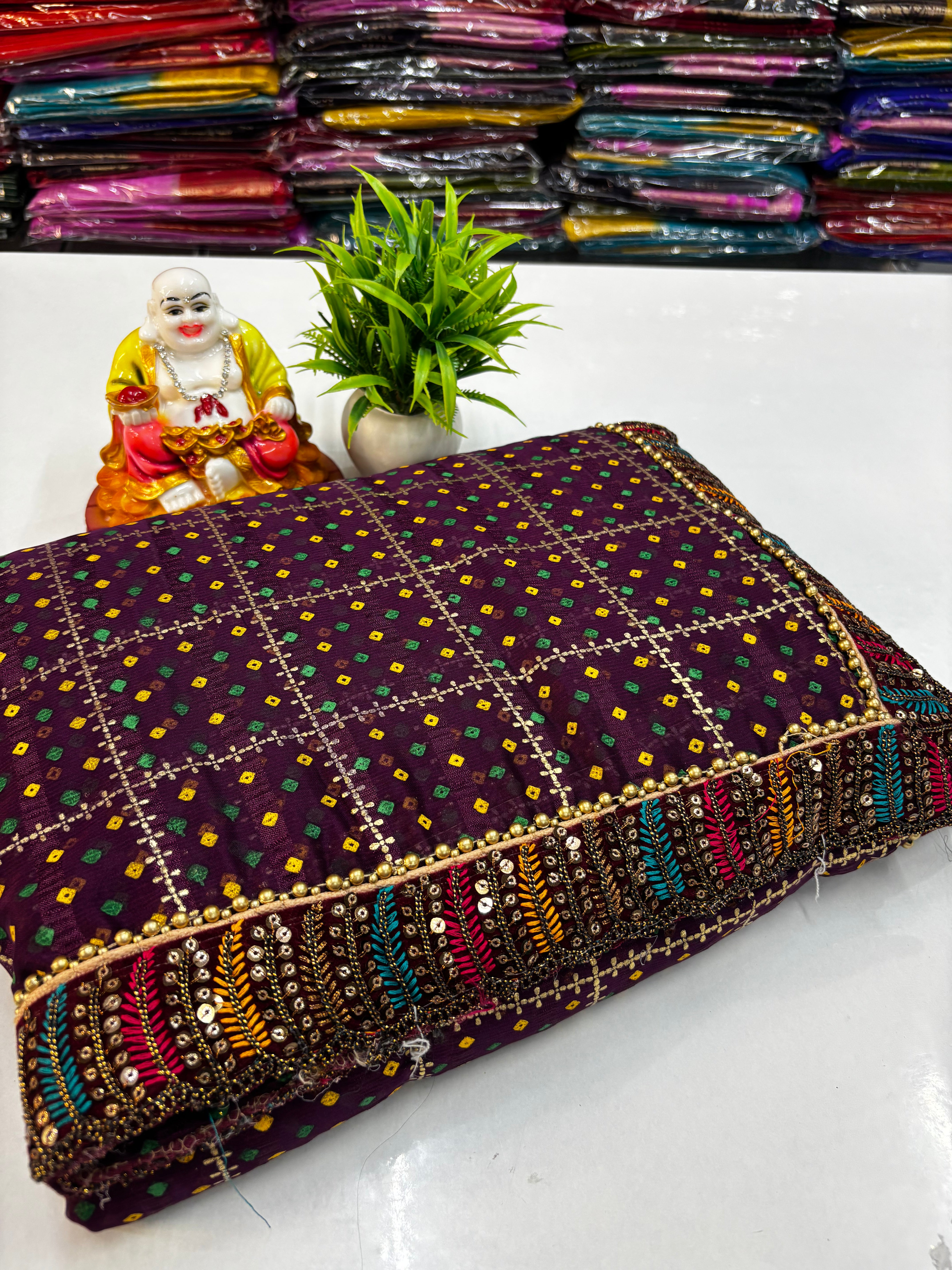 🌸 Beautiful Chiffon Designer Wear Bandini Saree with Handwork Blouse 🌸