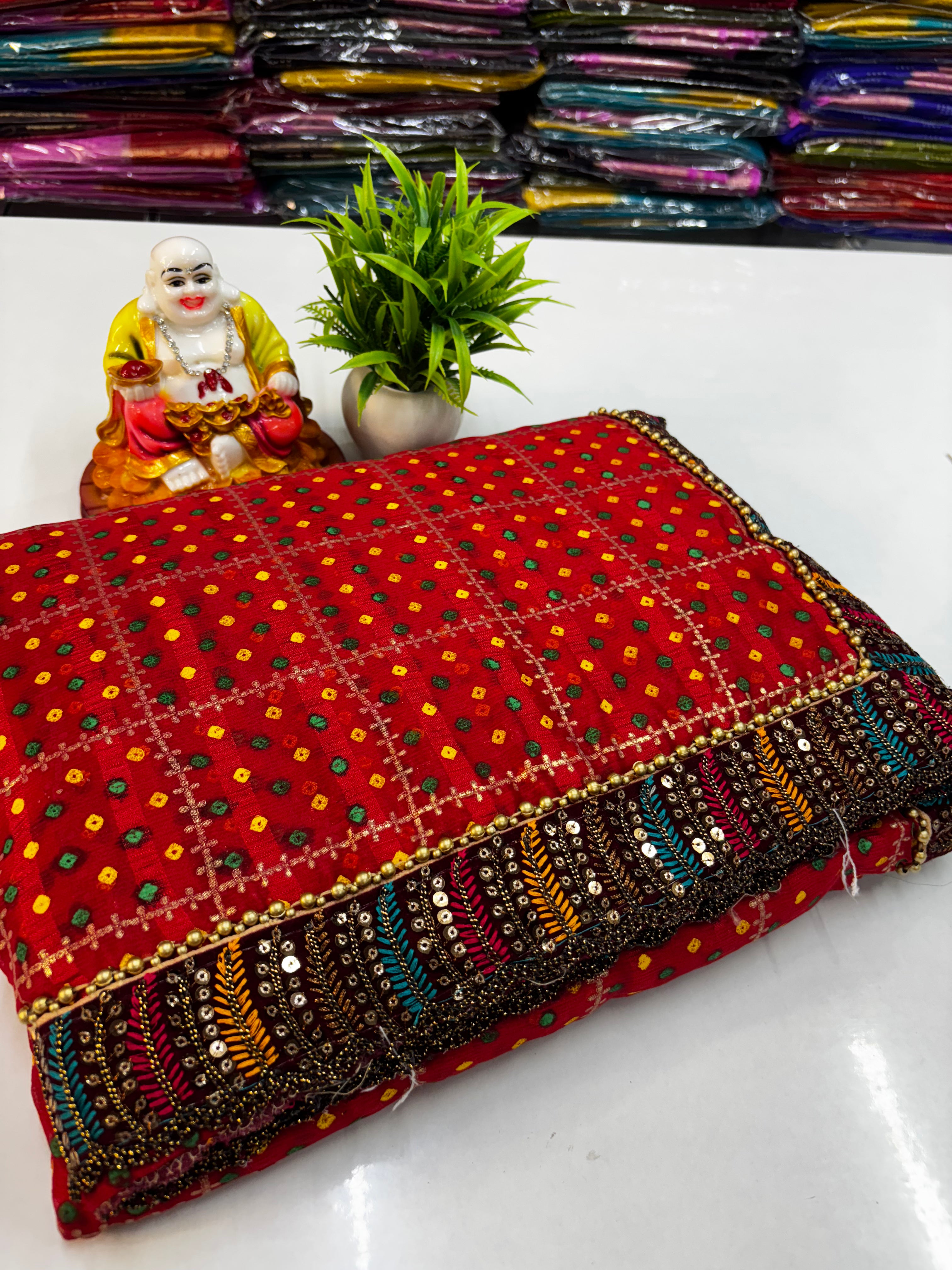 🌸 Beautiful Chiffon Designer Wear Bandini Saree with Handwork Blouse 🌸