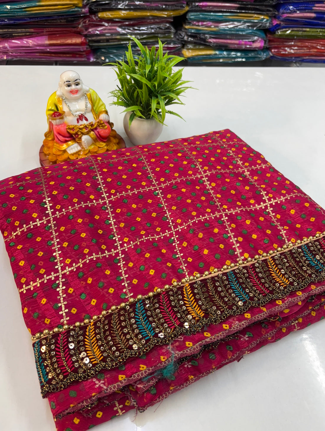 🌸 Beautiful Chiffon Designer Wear Bandini Saree with Handwork Blouse 🌸