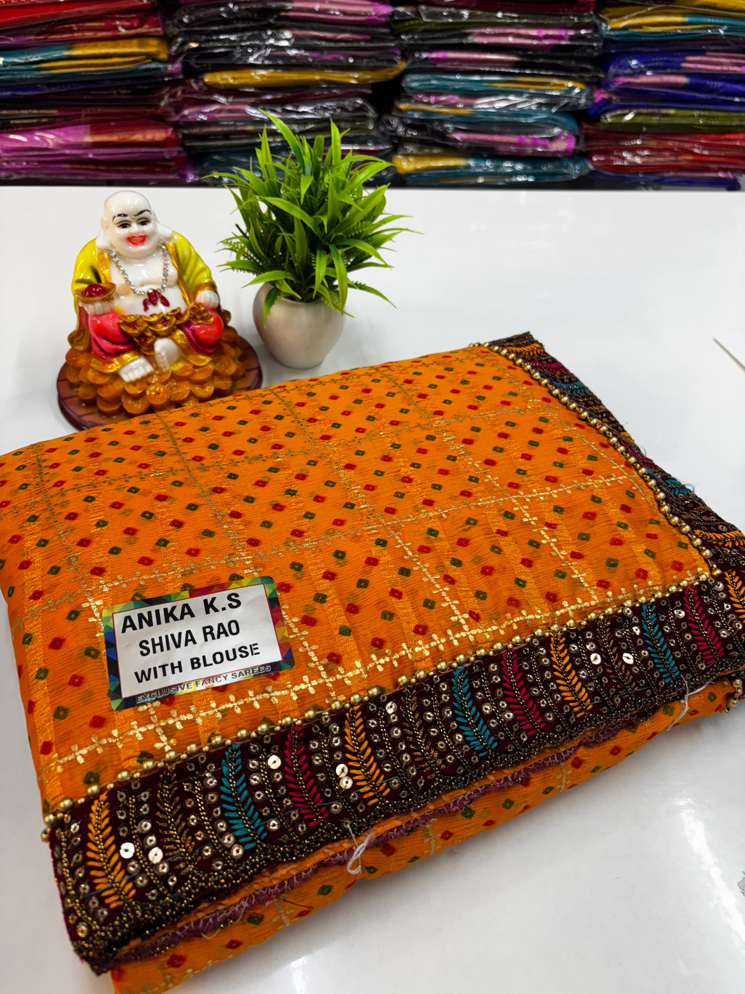 🌸 Beautiful Chiffon Designer Wear Bandini Saree with Handwork Blouse 🌸