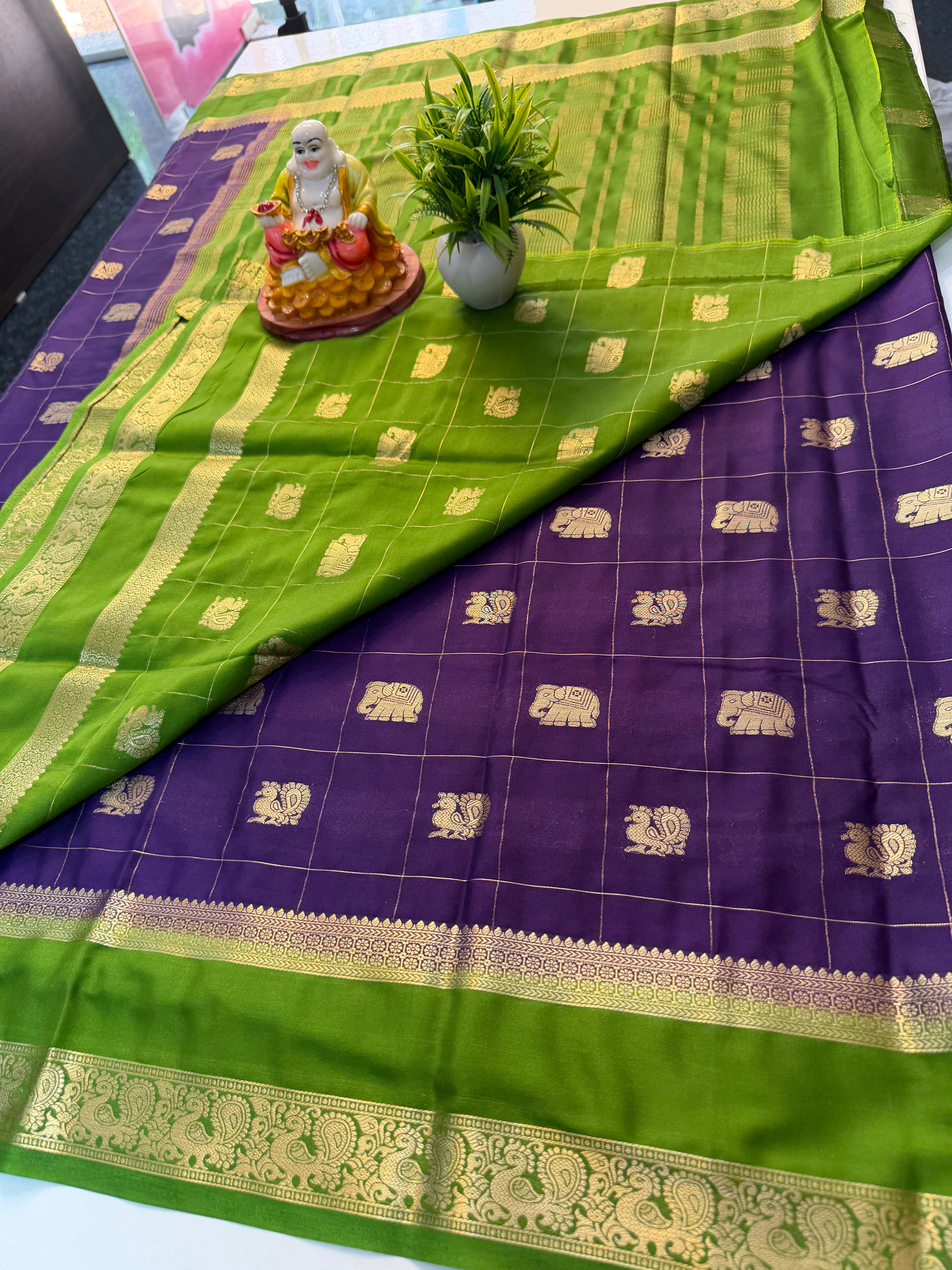 Premium Mysore Crepe Silk Saree with Peacock & Elephant Buttas | Padmavathi Silks and Sarees…