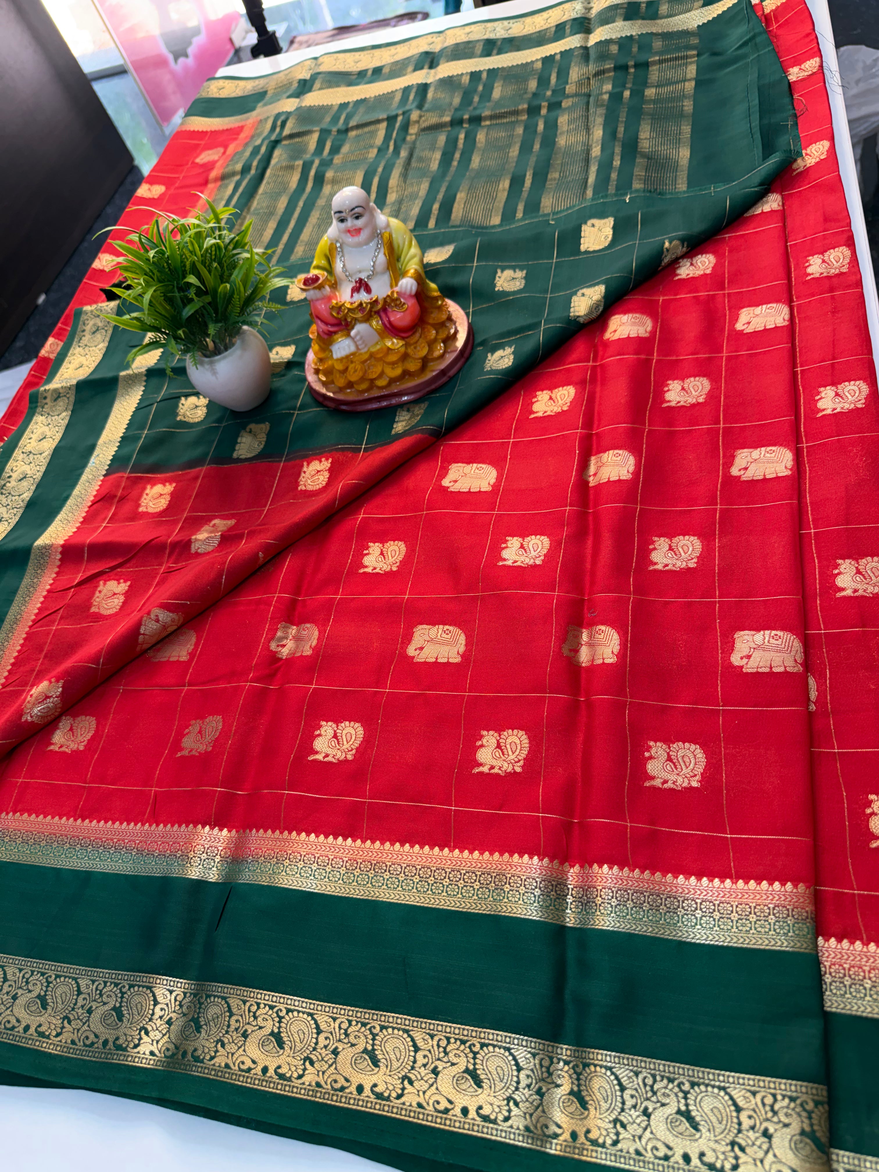 Premium Mysore Crepe Silk Saree with Peacock & Elephant Buttas | Padmavathi Silks and Sarees…