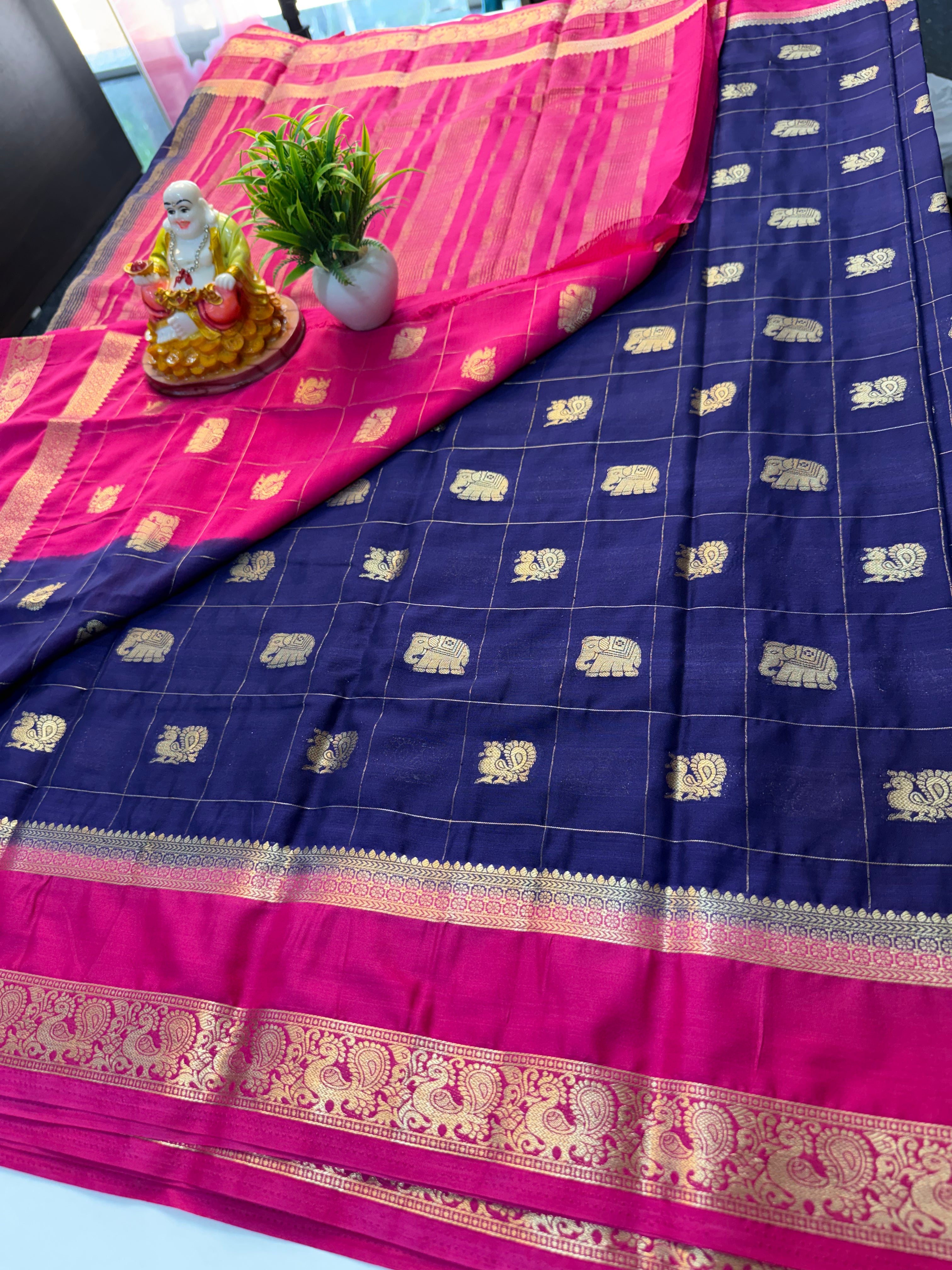 Premium Mysore Crepe Silk Saree with Peacock & Elephant Buttas | Padmavathi Silks and Sarees…