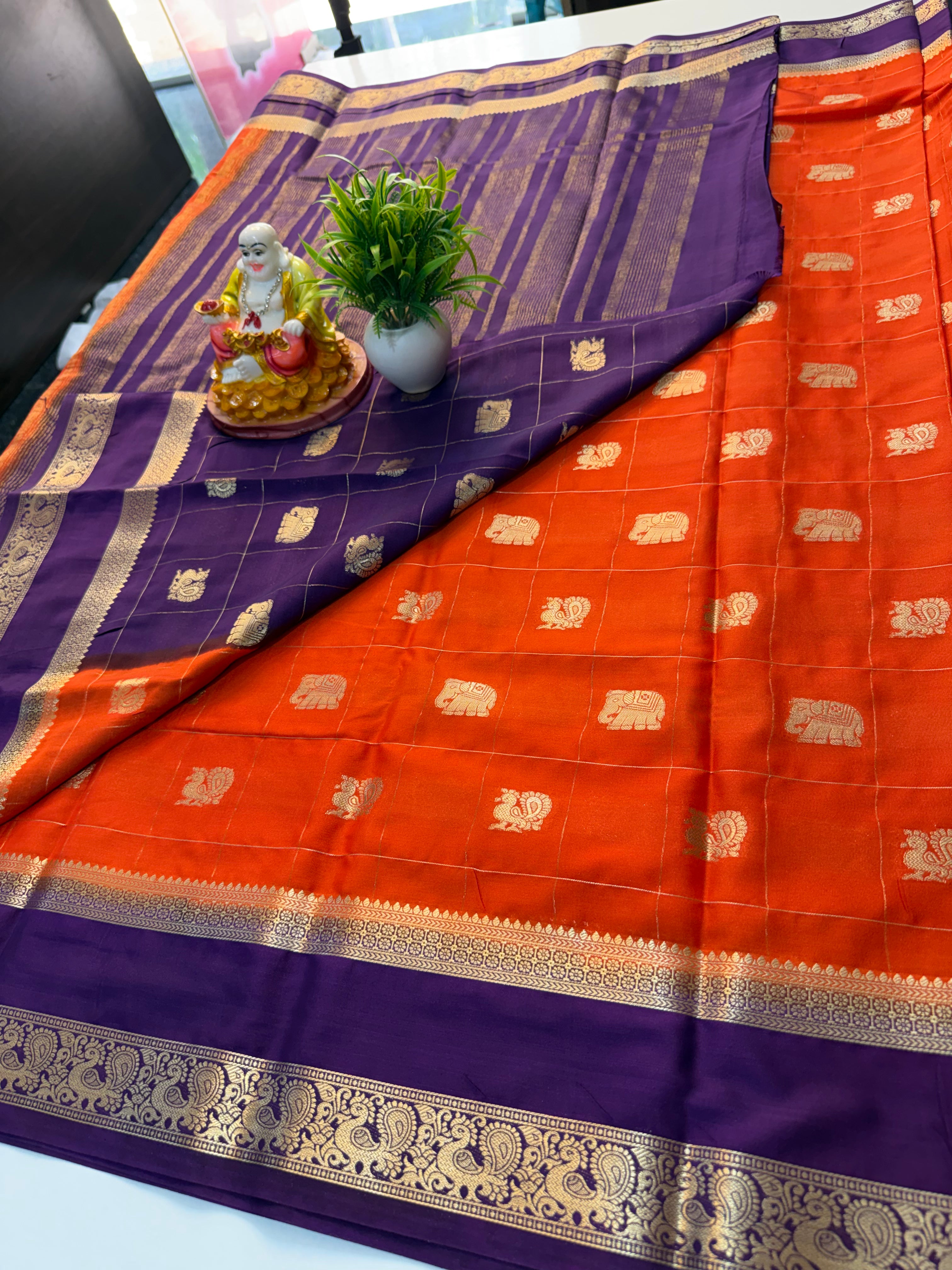 Premium Mysore Crepe Silk Saree with Peacock & Elephant Buttas | Padmavathi Silks and Sarees…