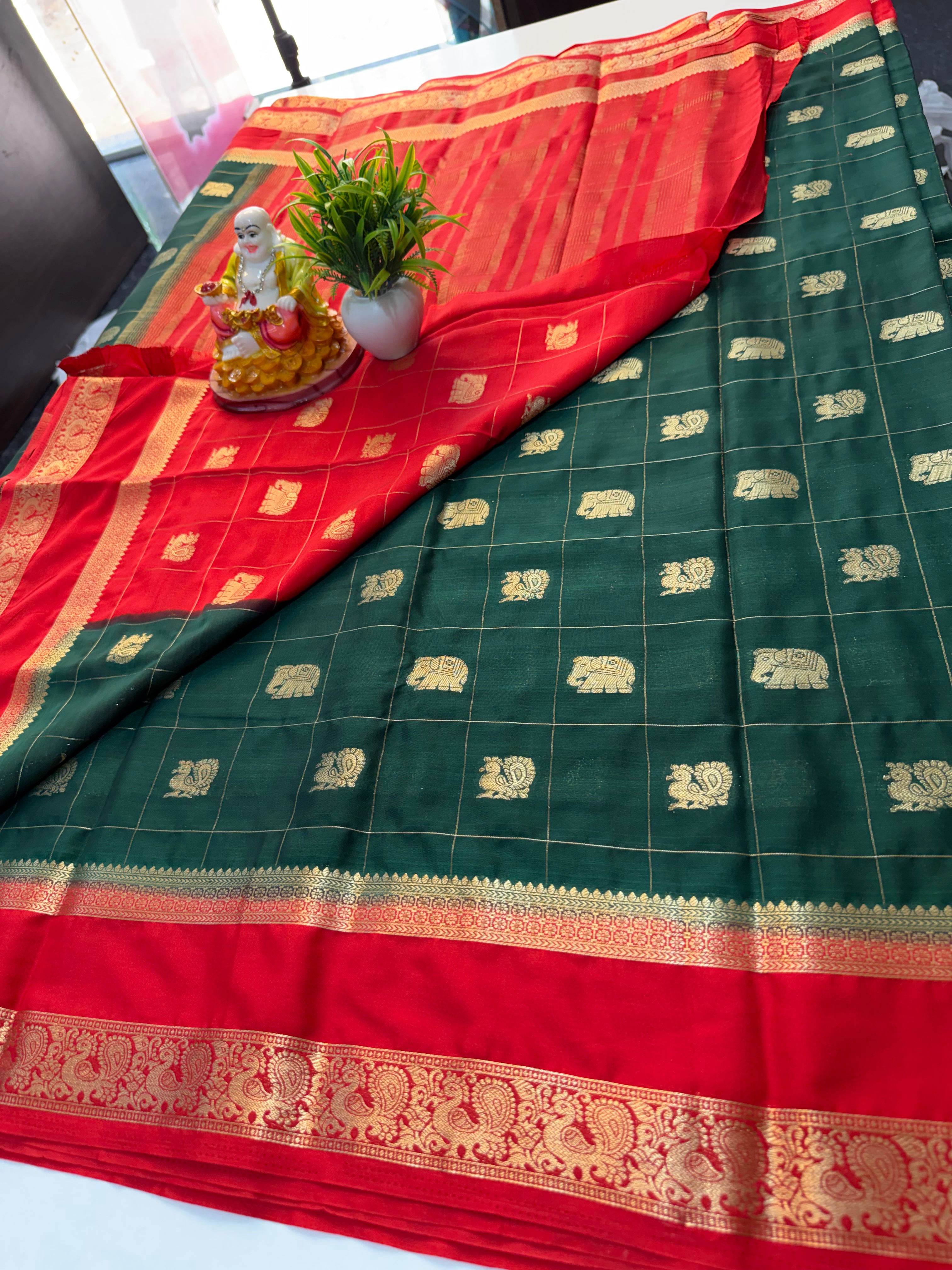 Premium Mysore Crepe Silk Saree with Peacock & Elephant Buttas | Padmavathi Silks and Sarees…
