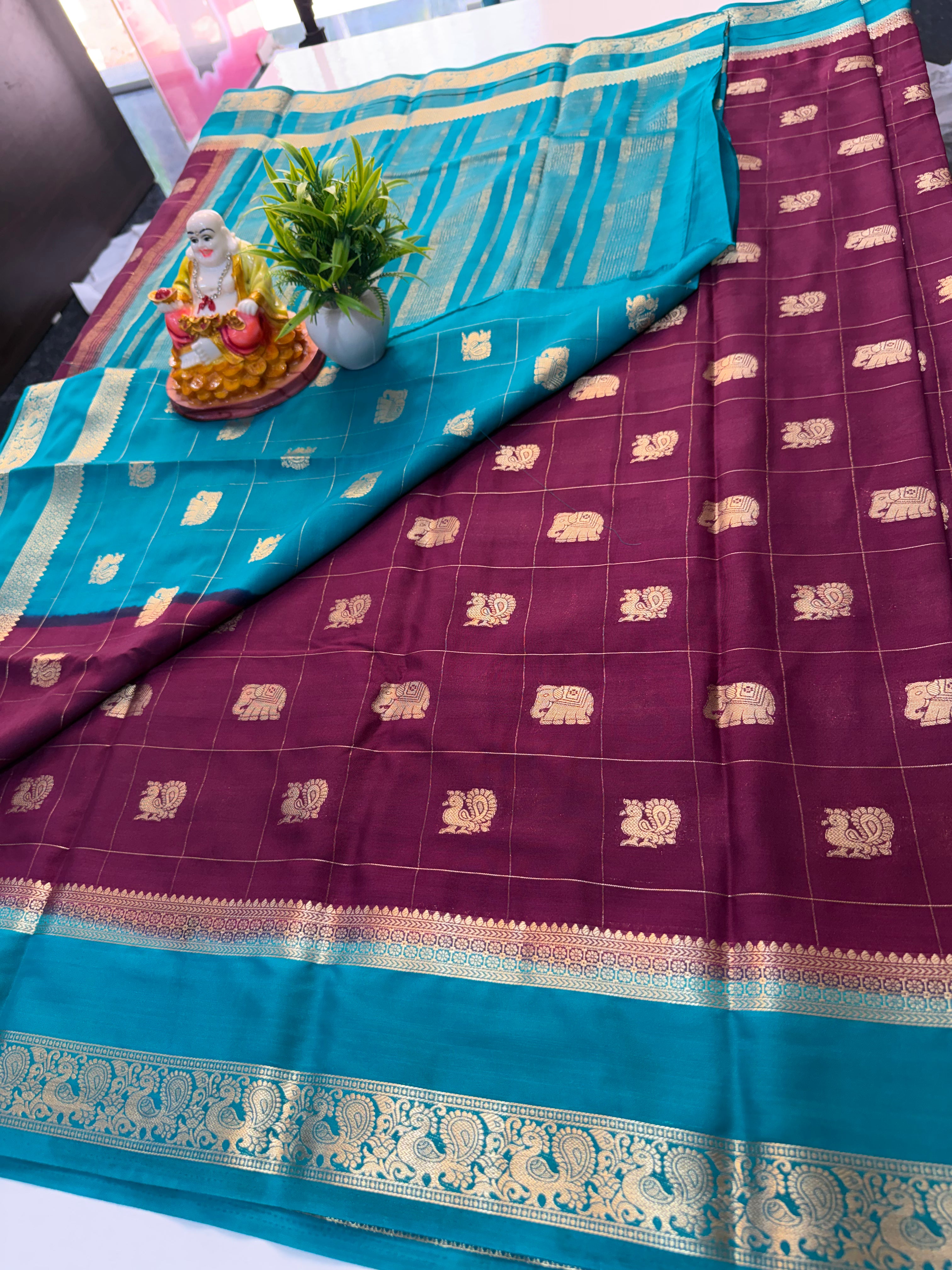 Premium Mysore Crepe Silk Saree with Peacock & Elephant Buttas | Padmavathi Silks and Sarees…