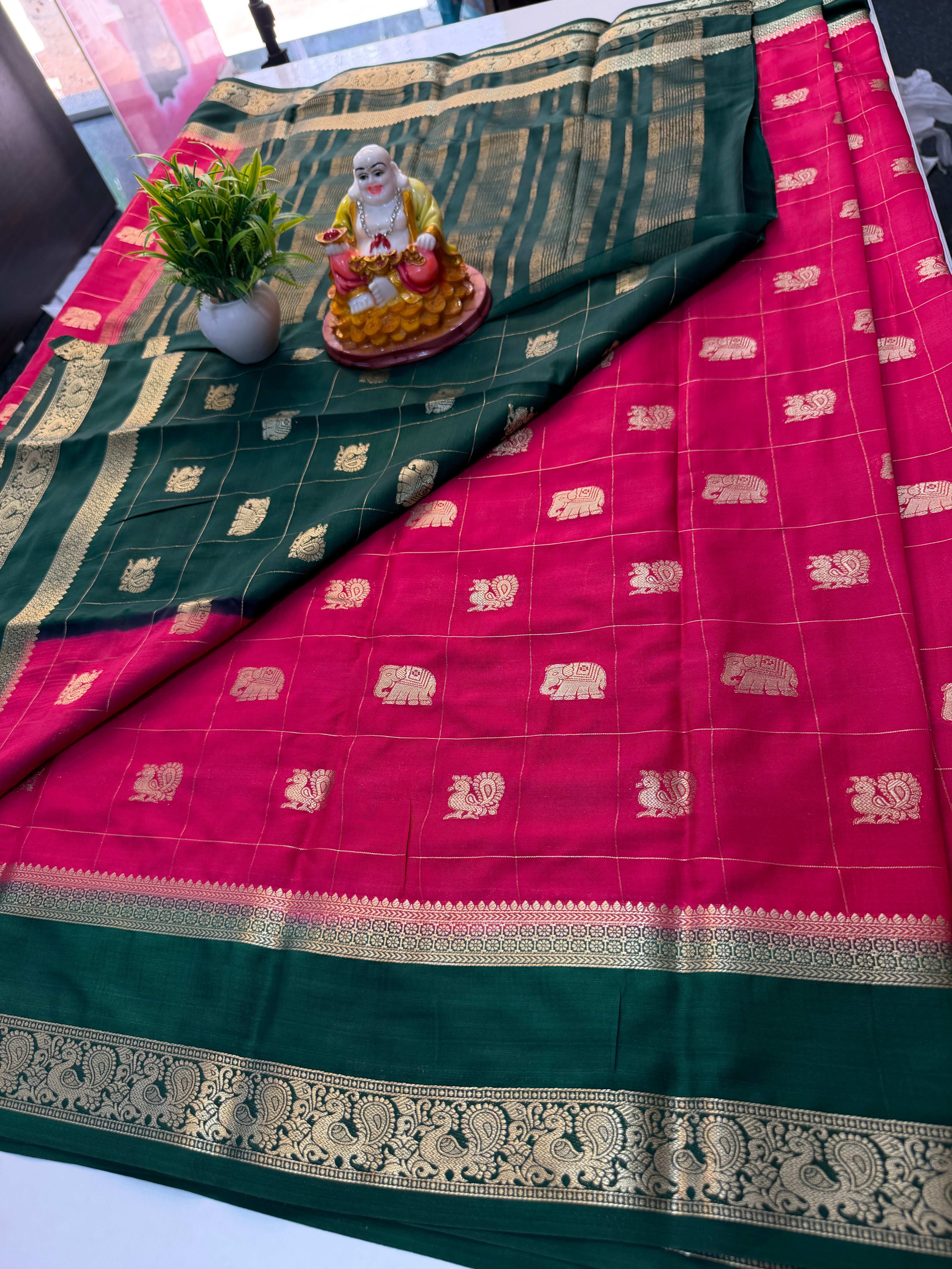 Premium Mysore Crepe Silk Saree with Peacock & Elephant Buttas | Padmavathi Silks and Sarees…