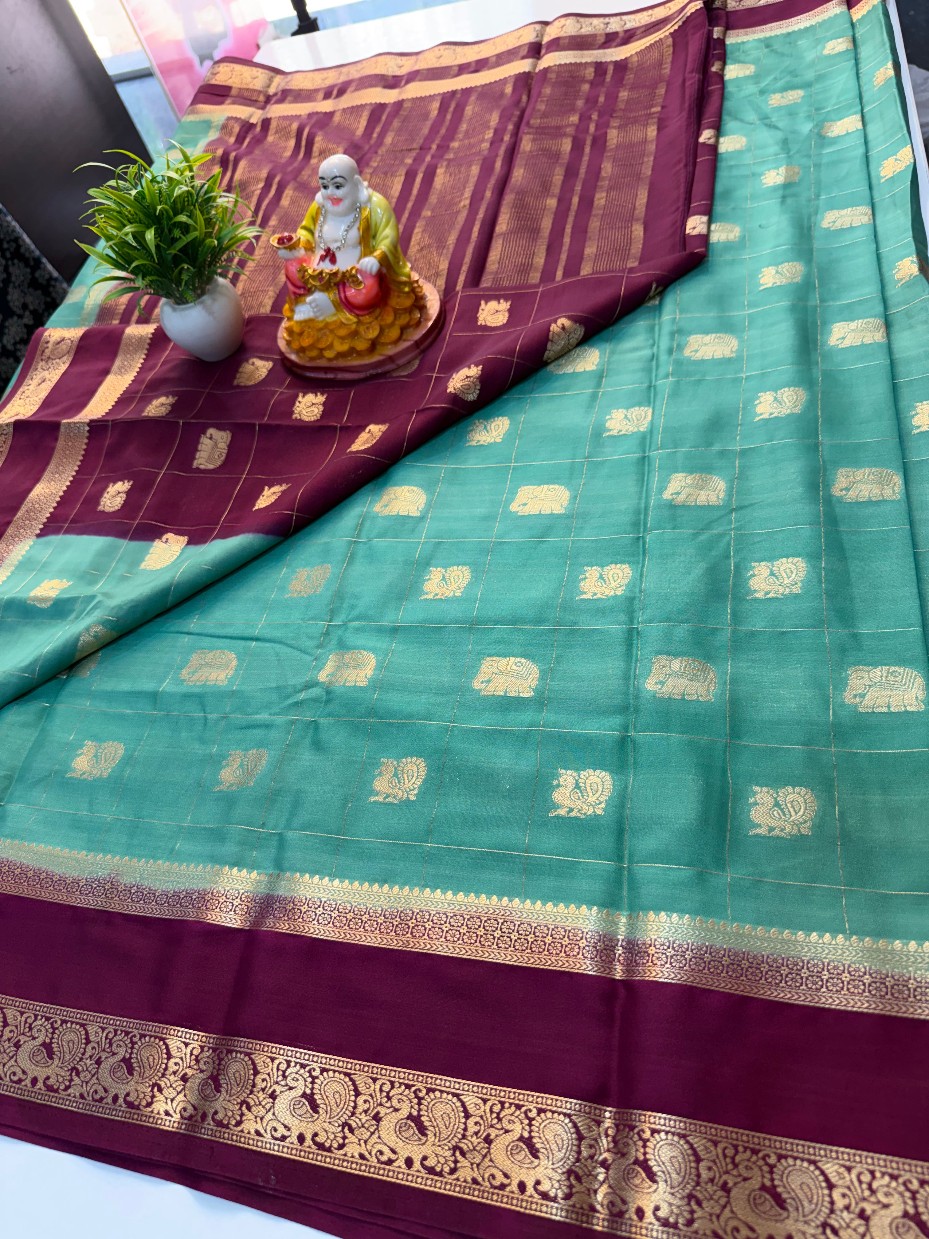Premium Mysore Crepe Silk Saree with Peacock & Elephant Buttas | Padmavathi Silks and Sarees…