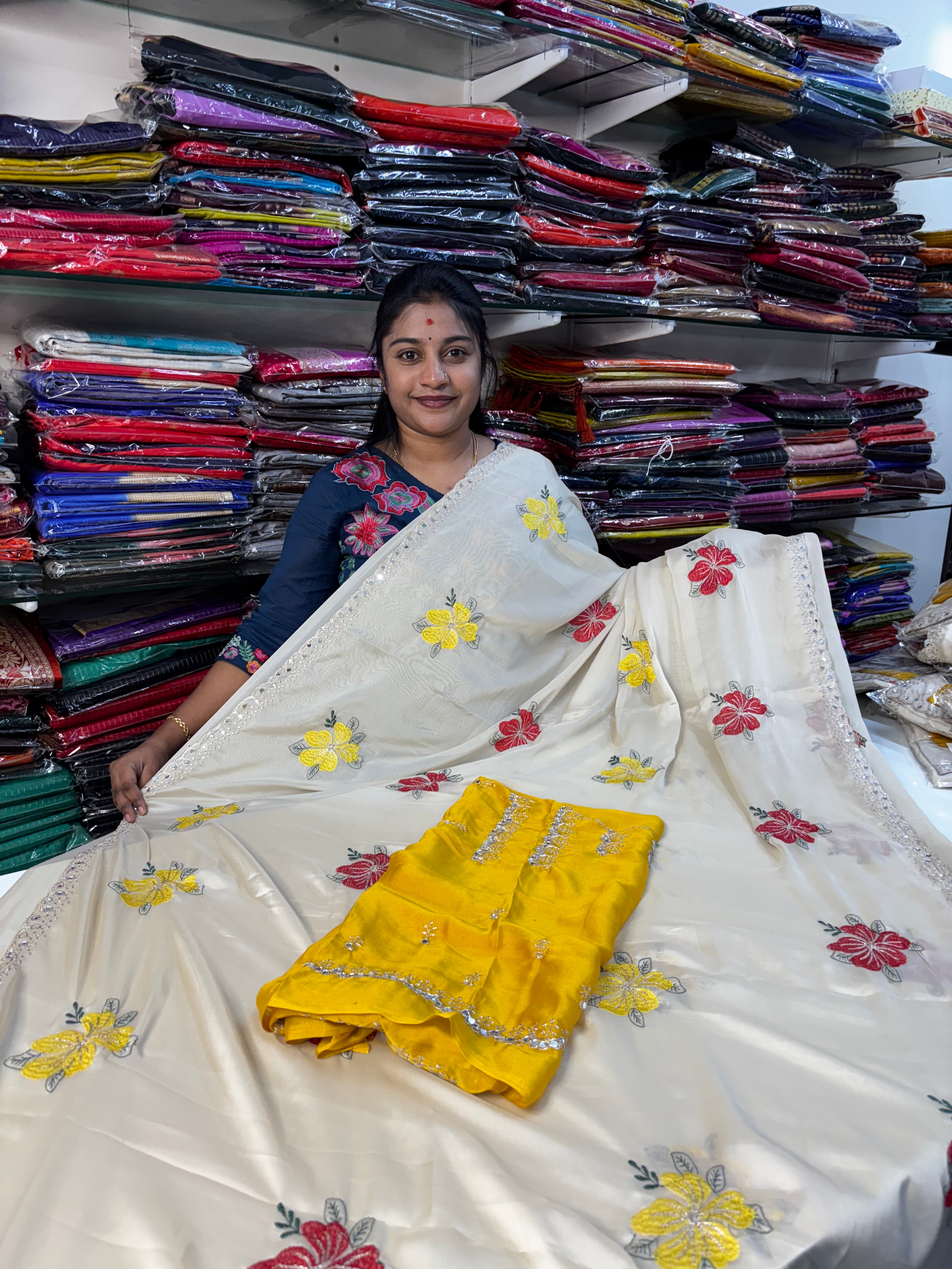 Premium Fancy Saree with Floral Thread & Mirror Work