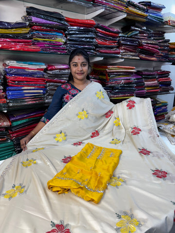 Premium Fancy Saree with Floral Thread & Mirror Work