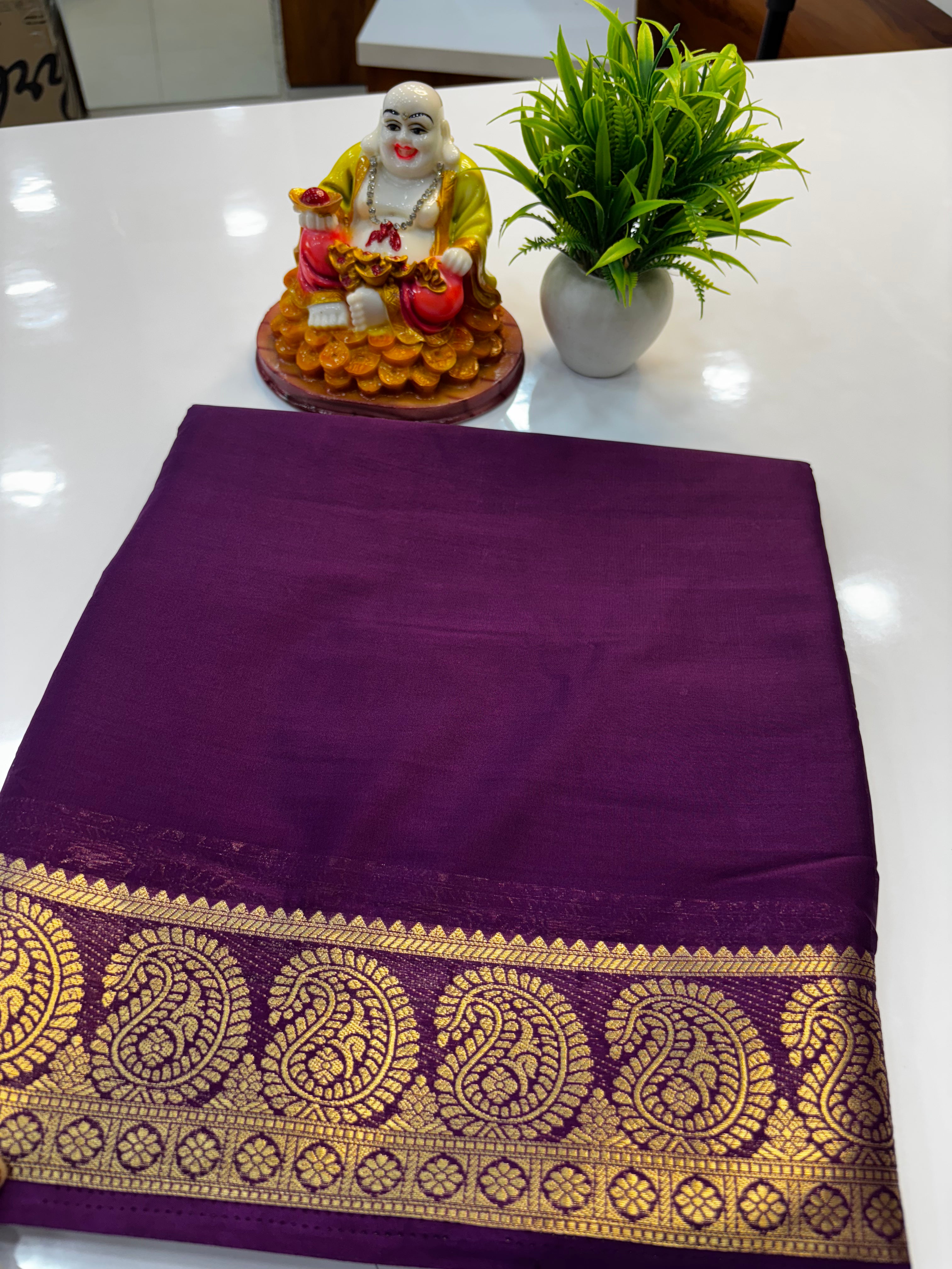 Mysore Crepe Silk Saree with Mango Border & Chit Pallu