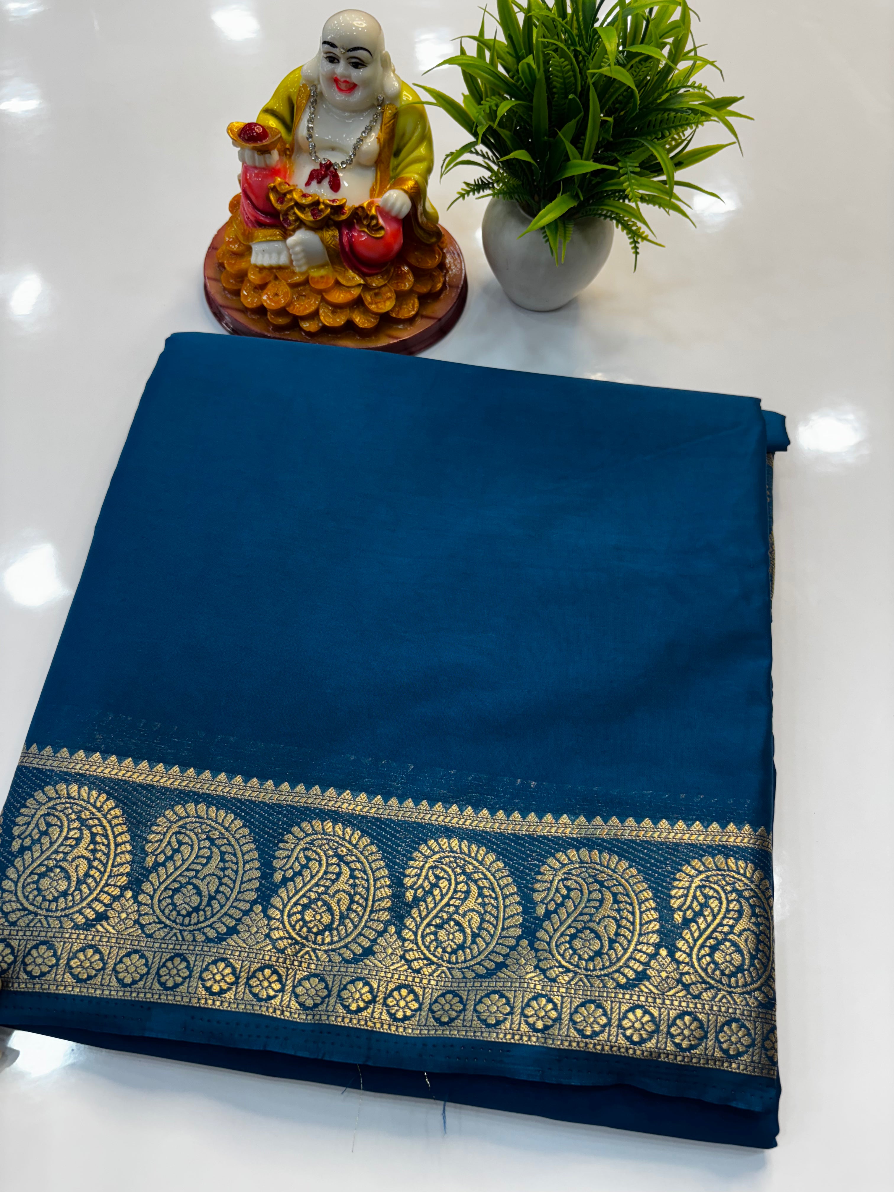 Mysore Crepe Silk Saree with Mango Border & Chit Pallu