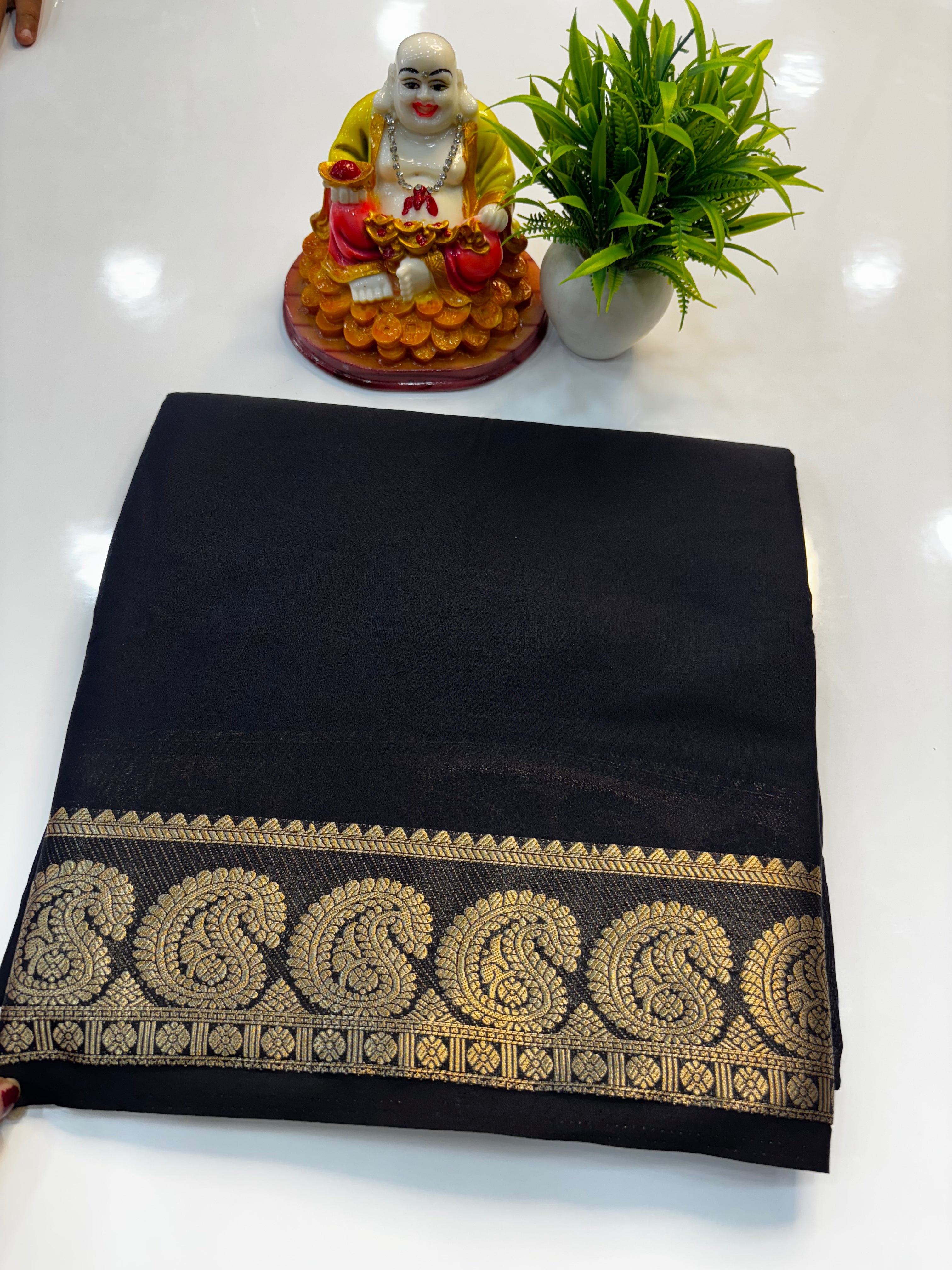 Mysore Crepe Silk Saree with Mango Border & Chit Pallu