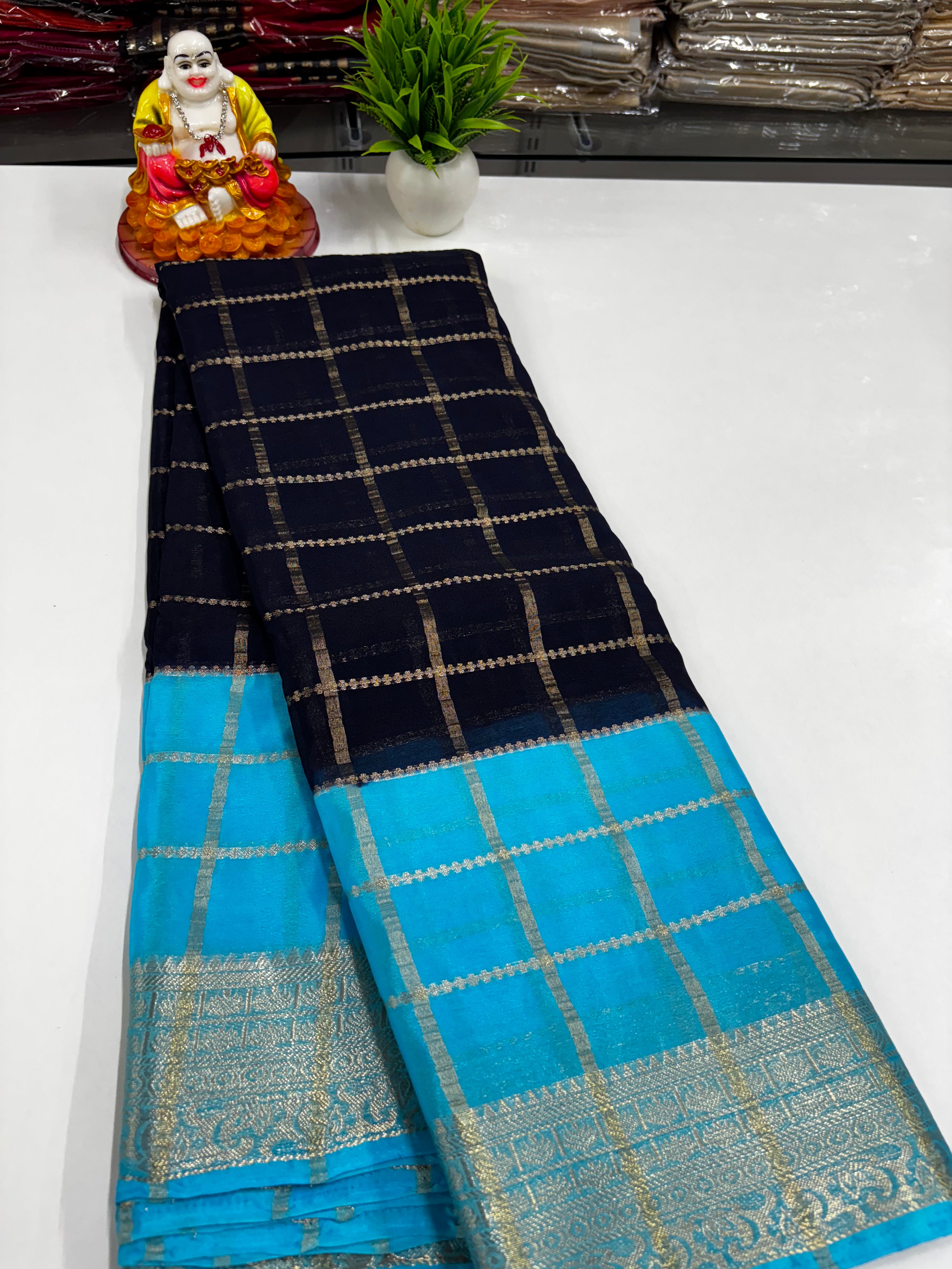 Crepe Chiffon Saree with Checks and Contrast Colors – Padmavathi Silks and Sarees