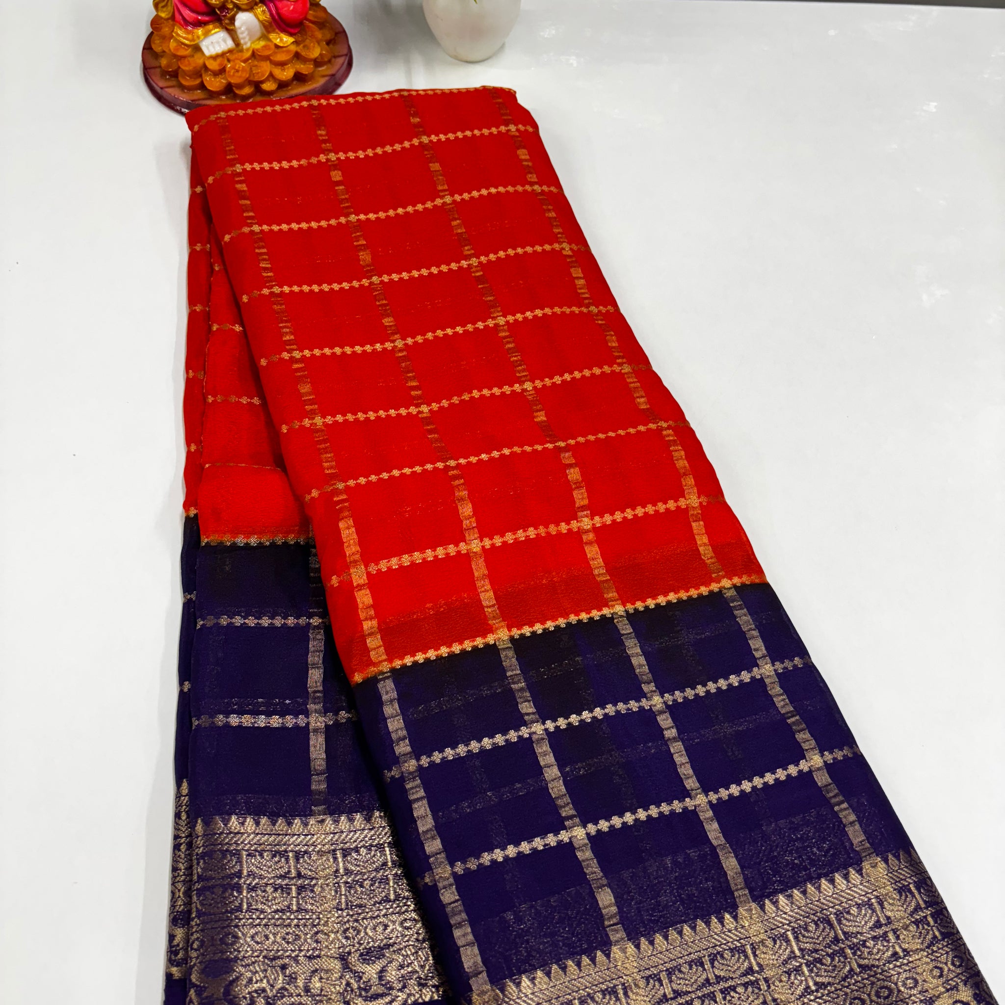 Crepe Chiffon Saree with Checks and Contrast Colors – Padmavathi Silks and Sarees