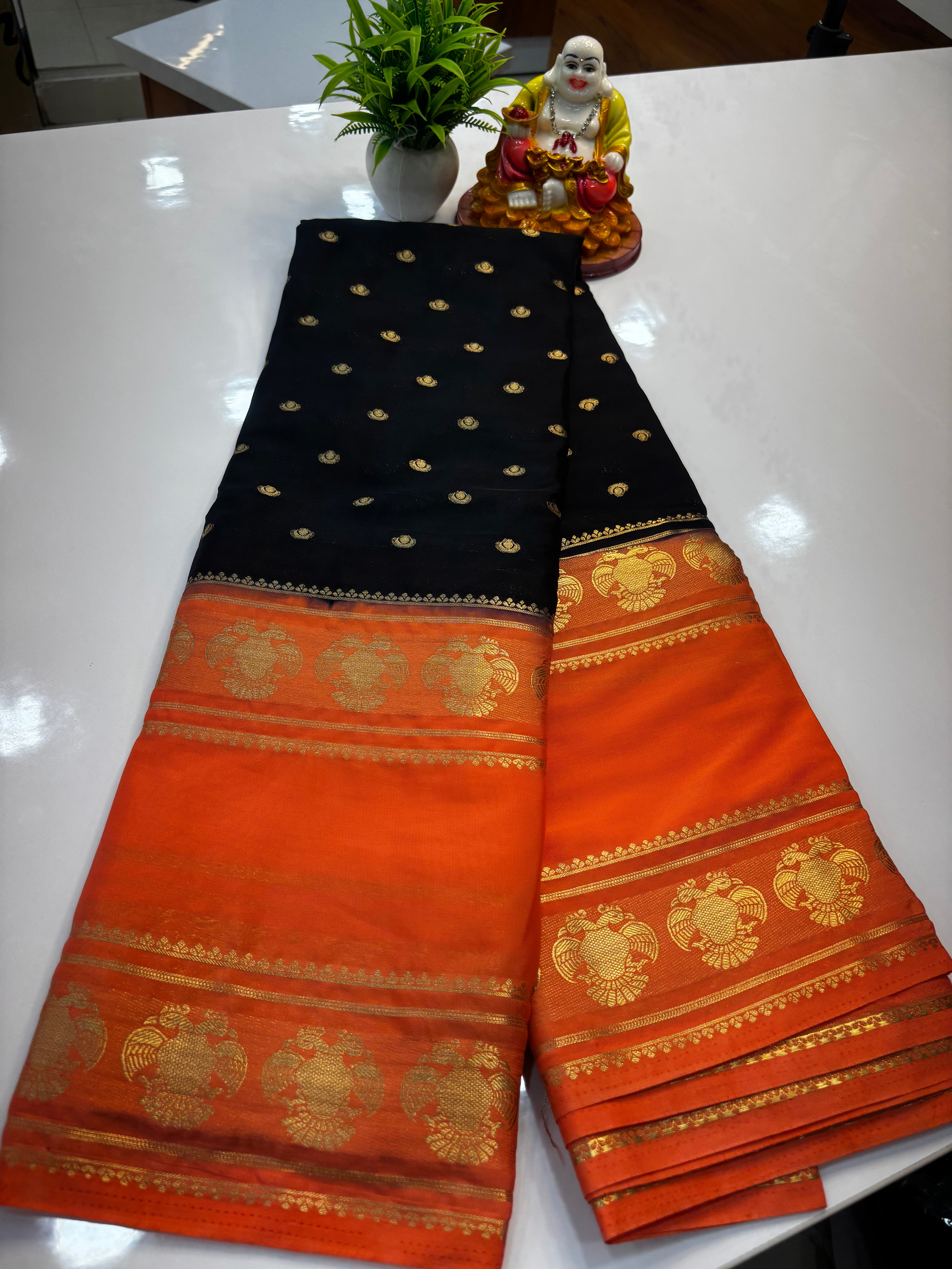 Mysore Crepe Silk Saree with Buttas & Garuda Bentex Border