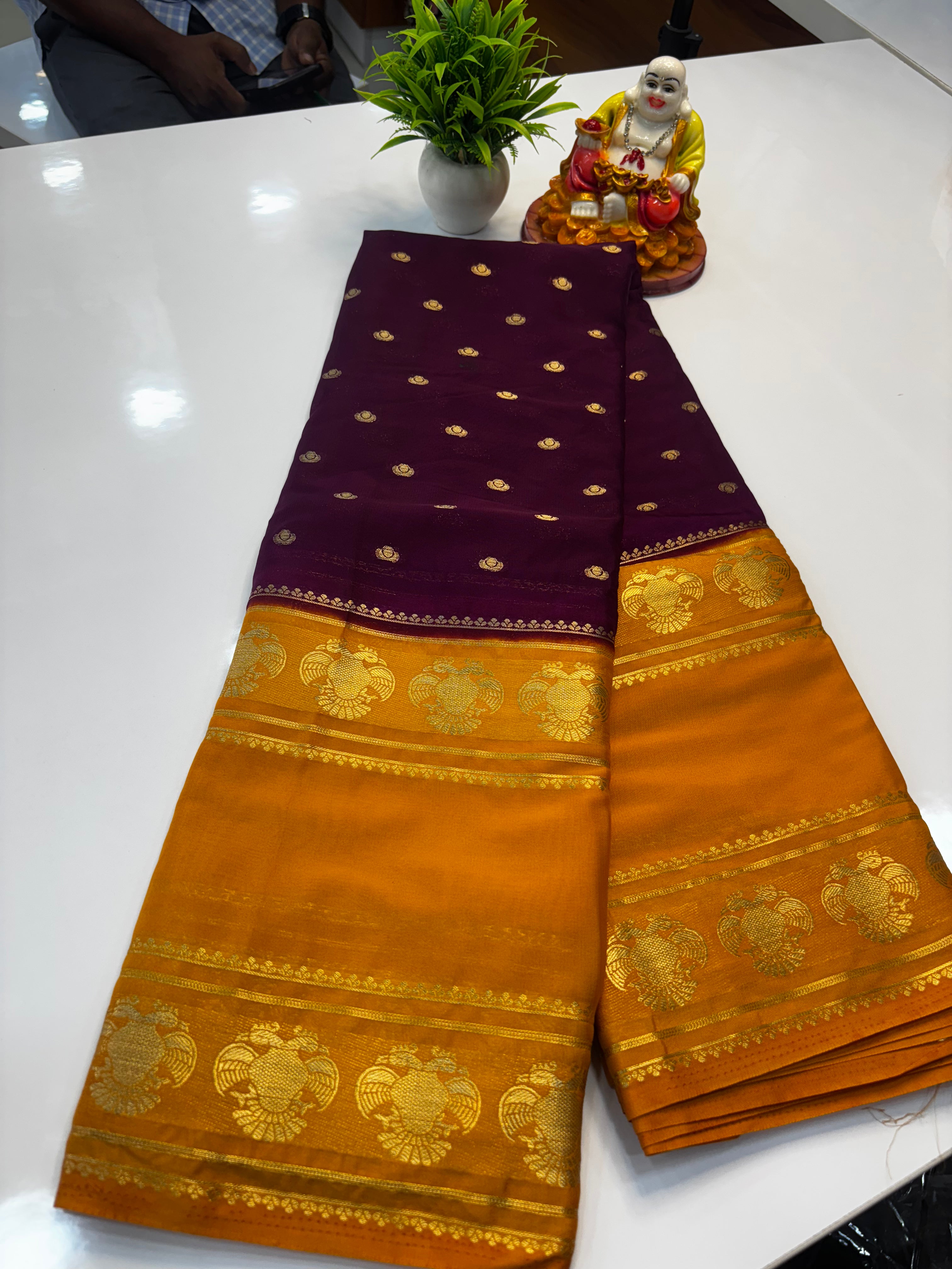 Mysore Crepe Silk Saree with Buttas & Garuda Bentex Border