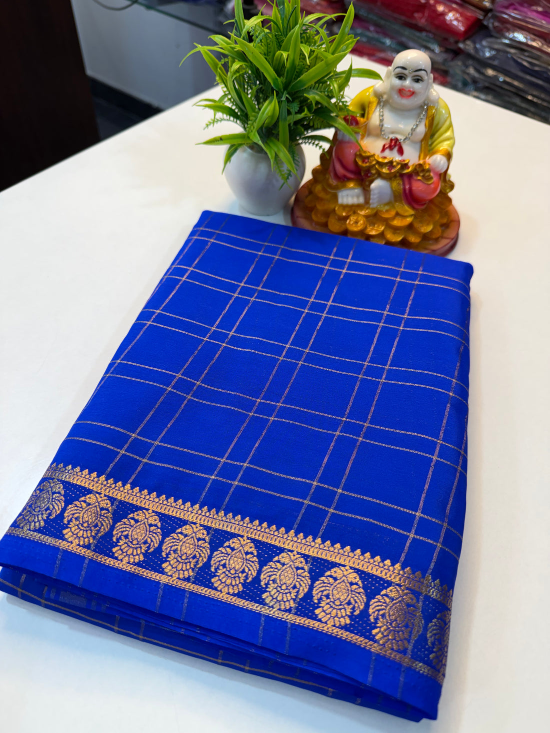 Premium Mysore Crape Silk Saree with Gandaberunda Border, Checks & Chit Pallu | Padmavathi Silks and Sarees…