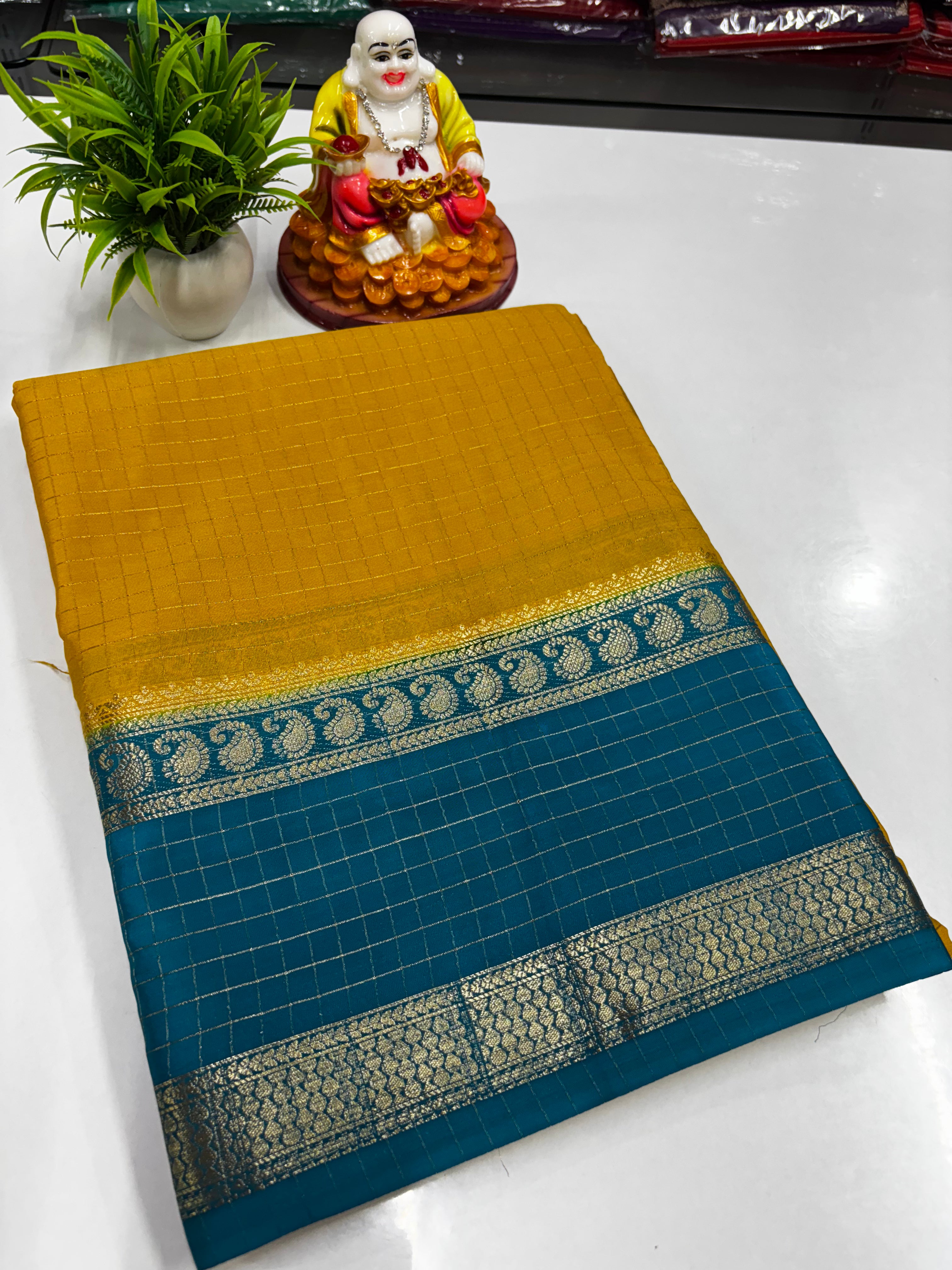 🌸 Premium Mysore Crepe Silk Saree with Mango Bentex Border