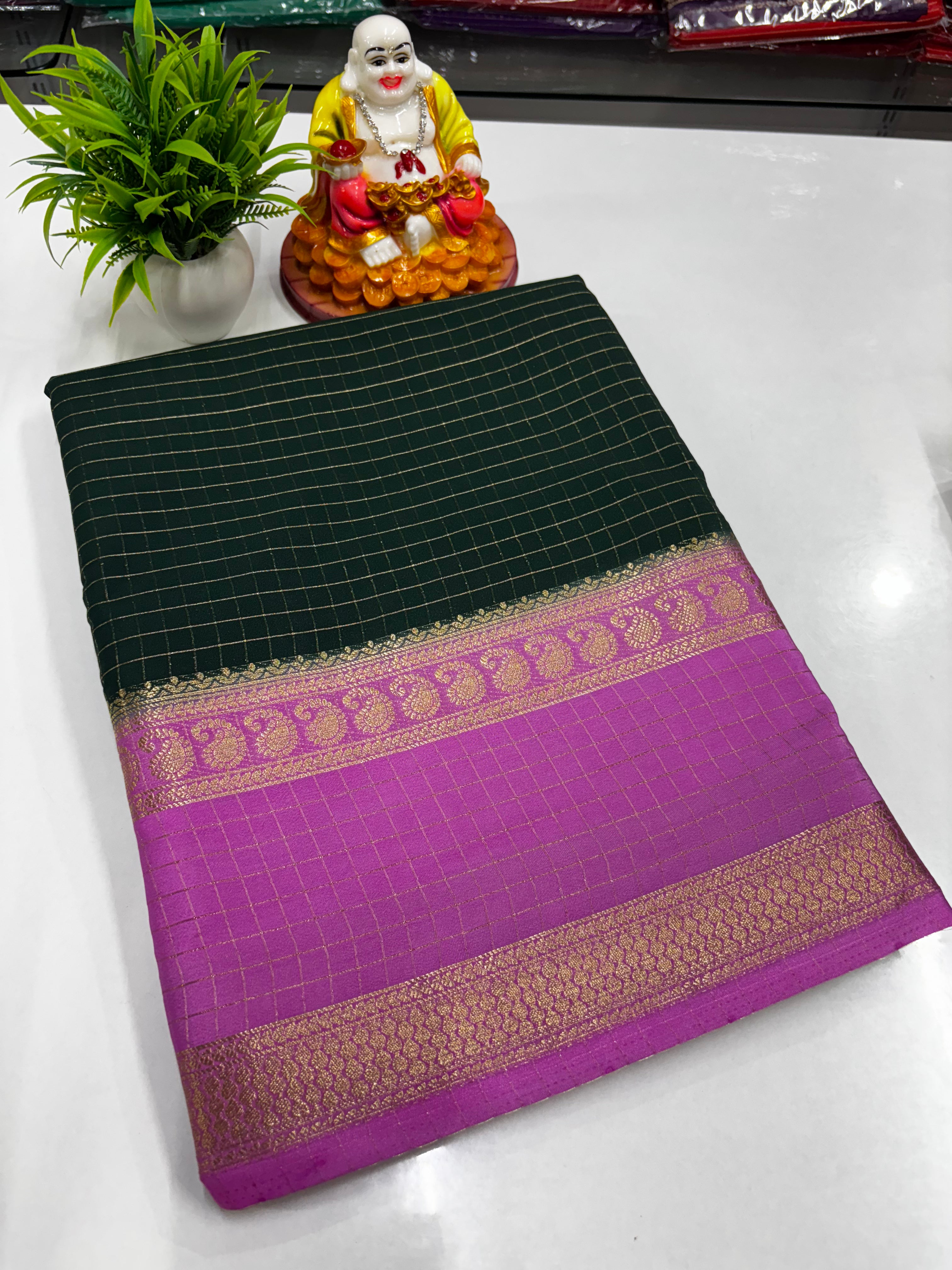 🌸 Premium Mysore Crepe Silk Saree with Mango Bentex Border