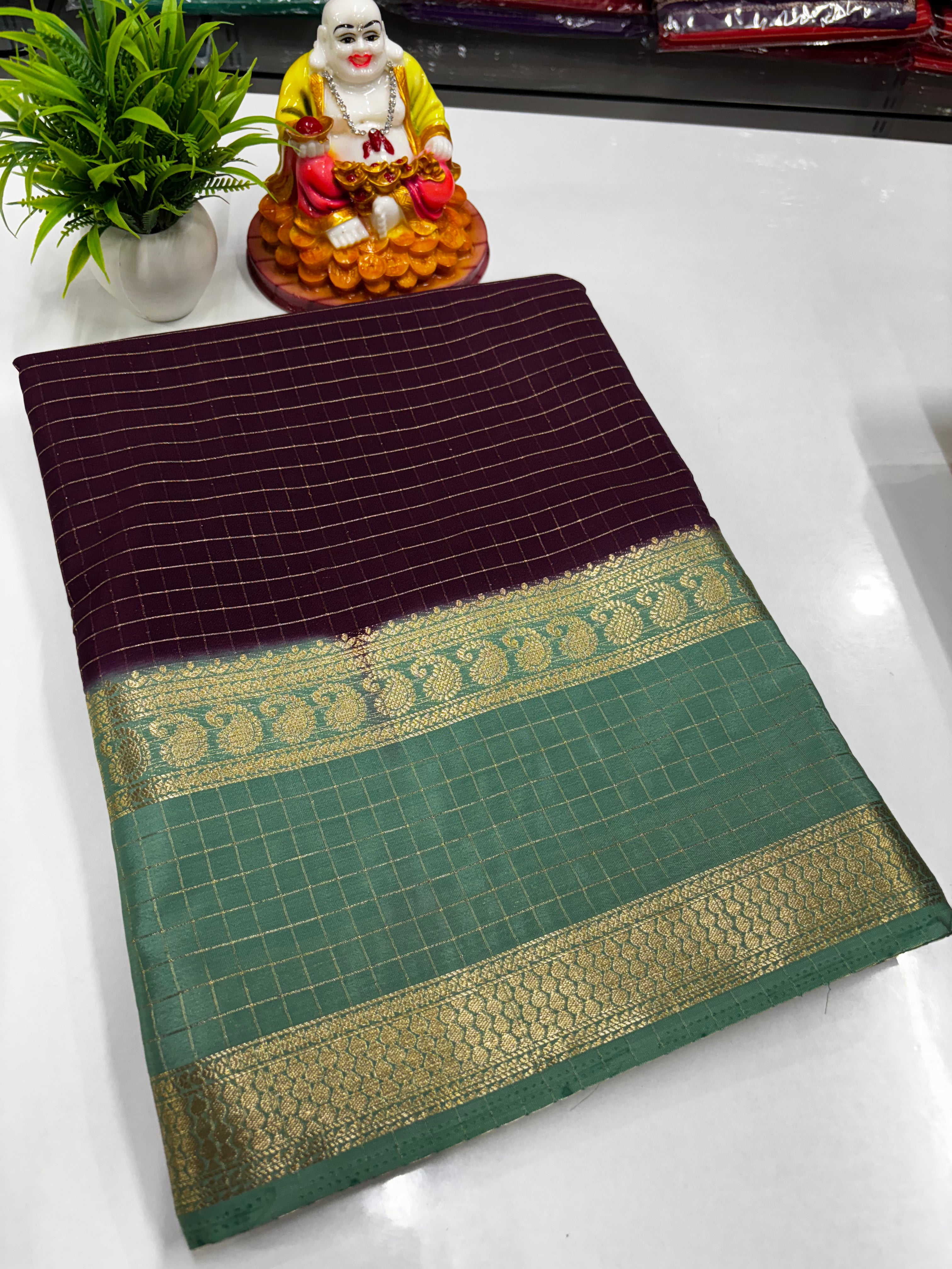 🌸 Premium Mysore Crepe Silk Saree with Mango Bentex Border