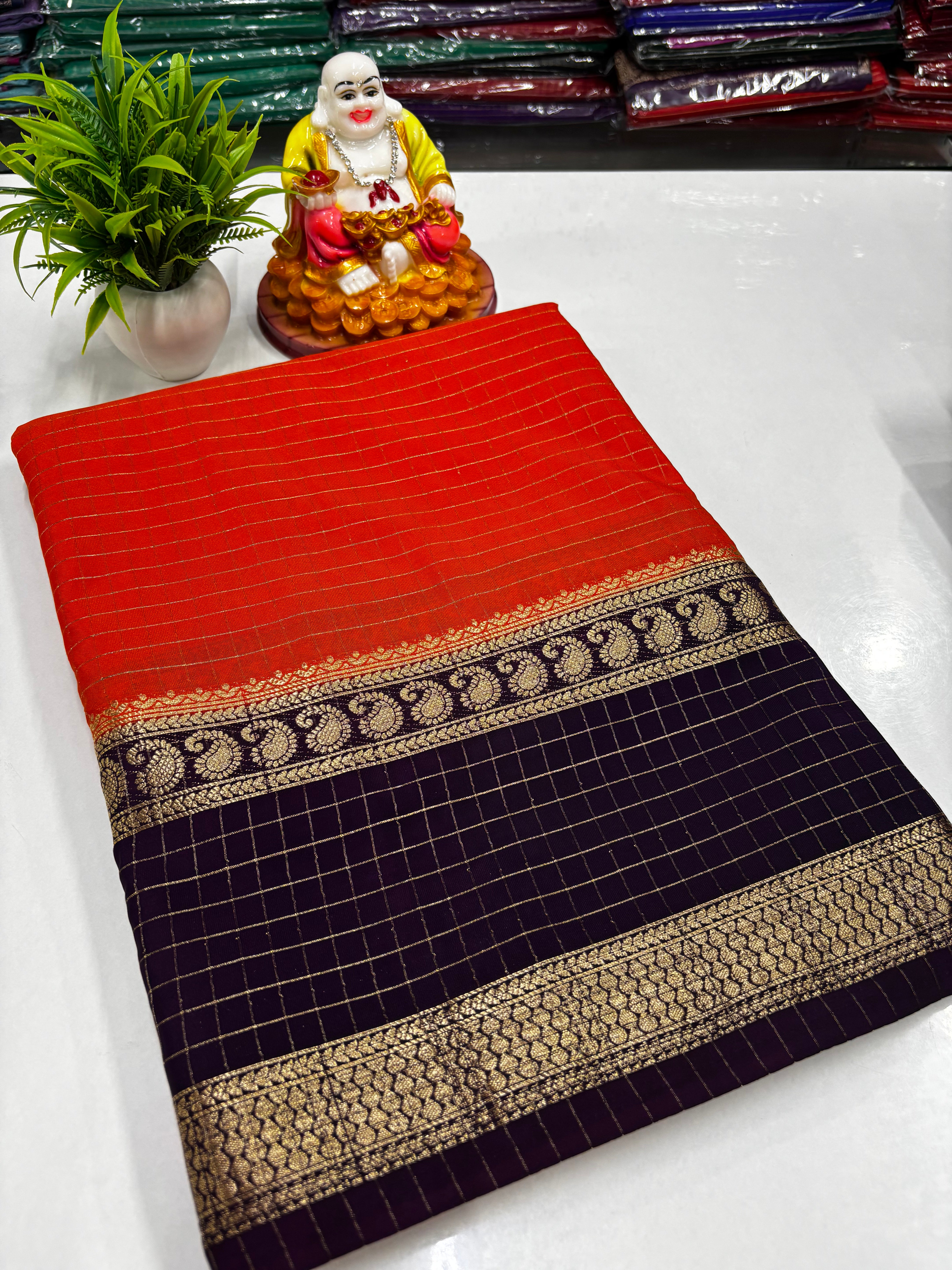 🌸 Premium Mysore Crepe Silk Saree with Mango Bentex Border