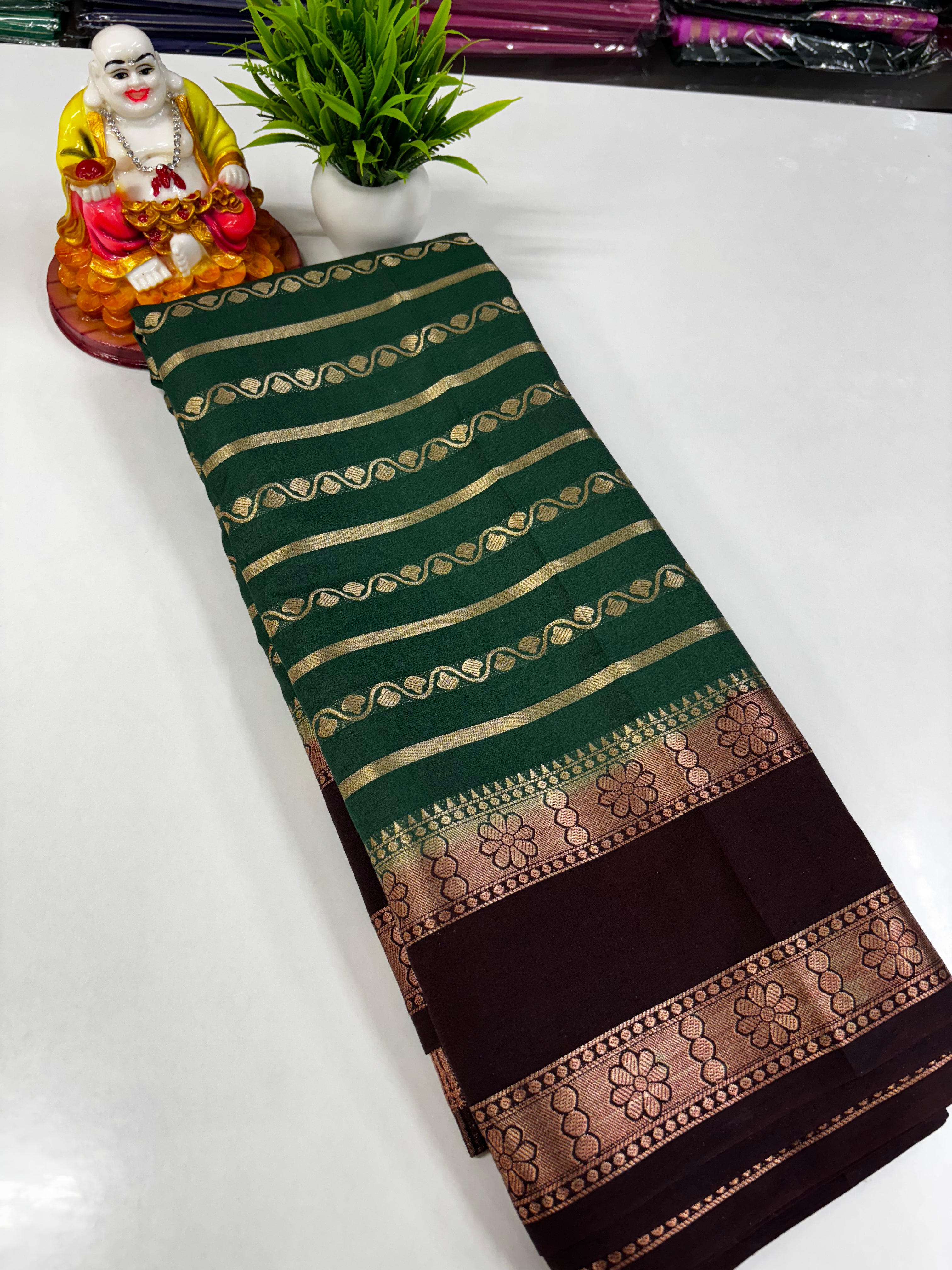 Elegant Semi Crepe Saree with Stripes and Contrast Colors – Padmavathi Silks and Sarees