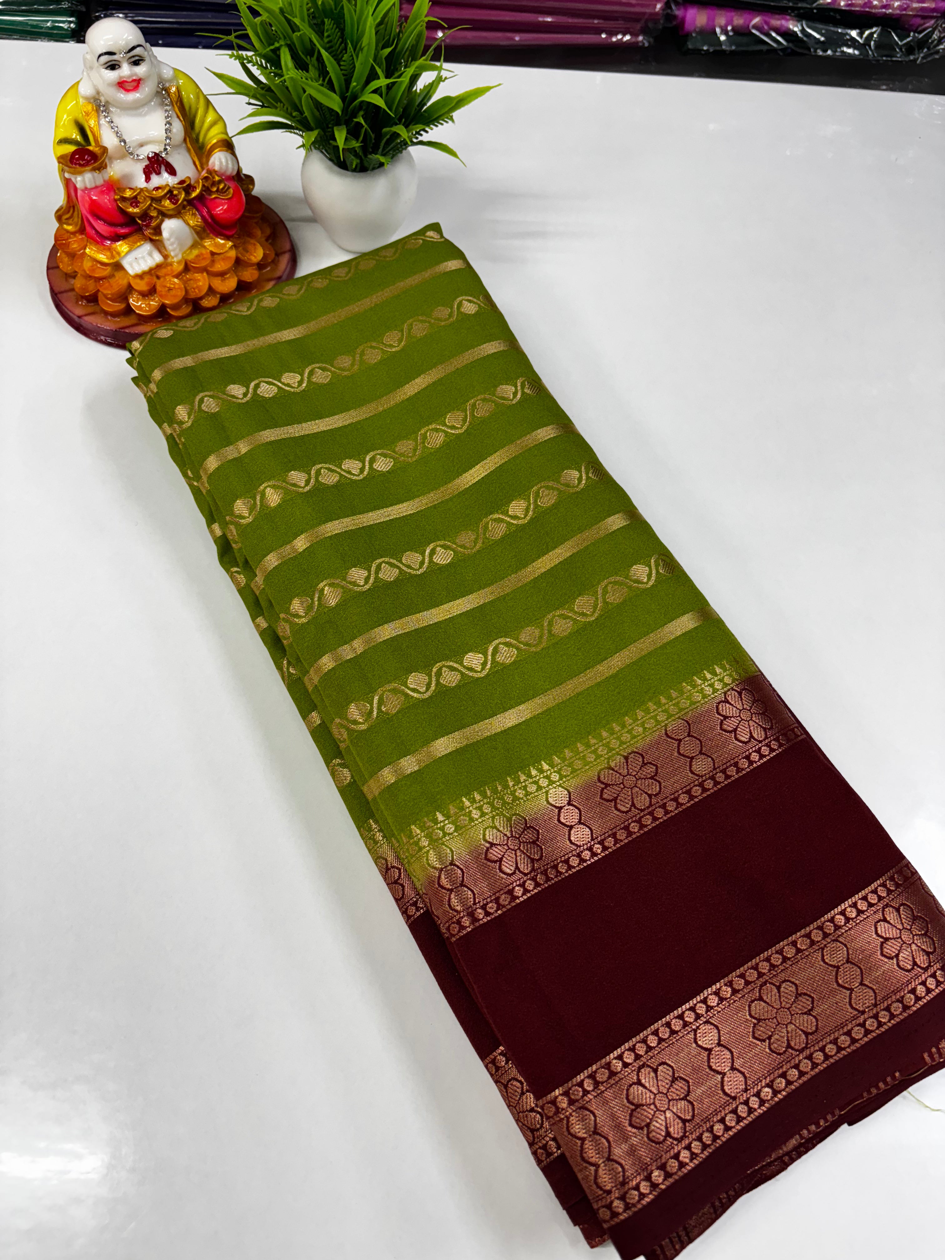 Elegant Semi Crepe Saree with Stripes and Contrast Colors – Padmavathi Silks and Sarees