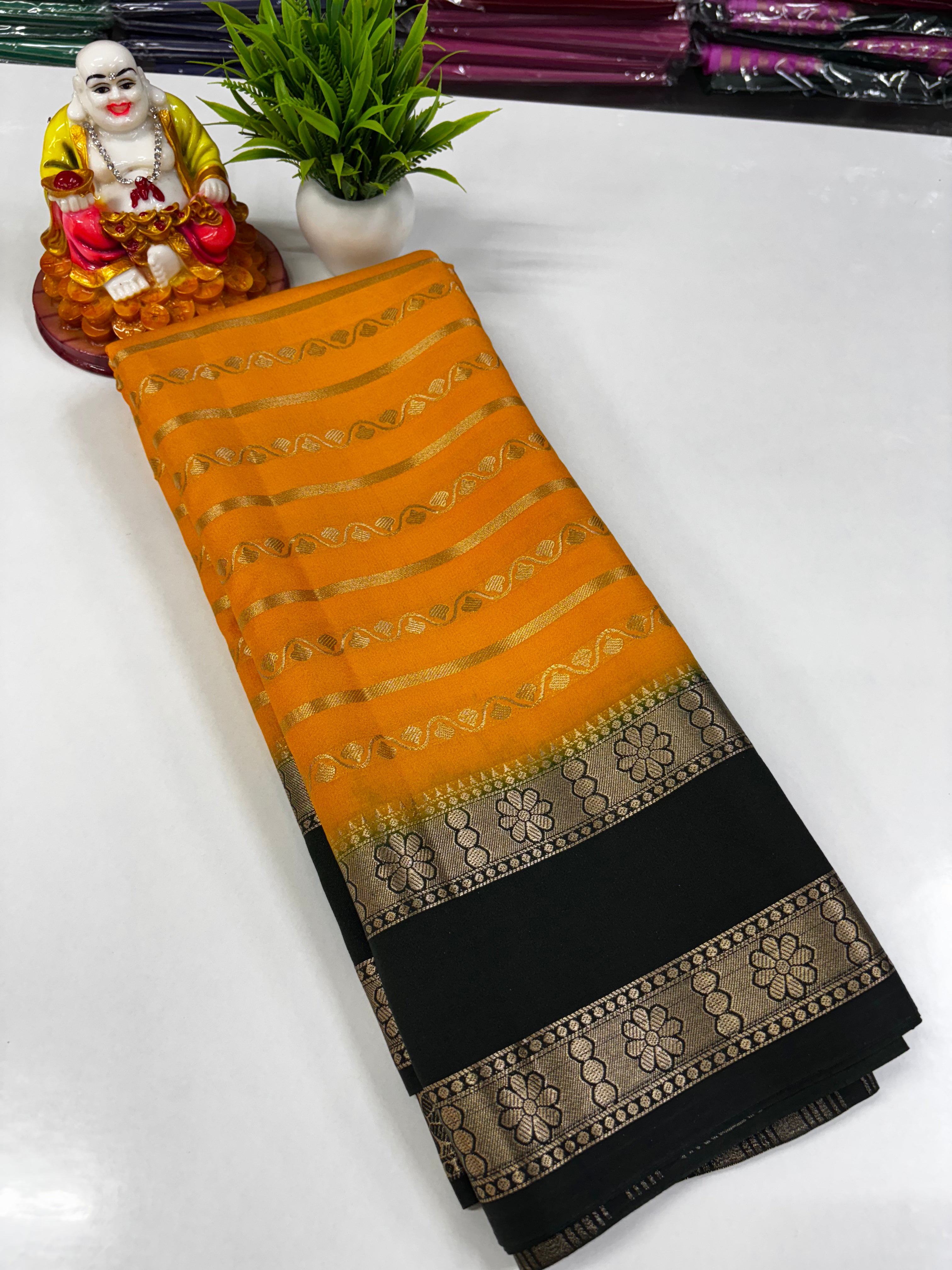Elegant Semi Crepe Saree with Stripes and Contrast Colors – Padmavathi Silks and Sarees