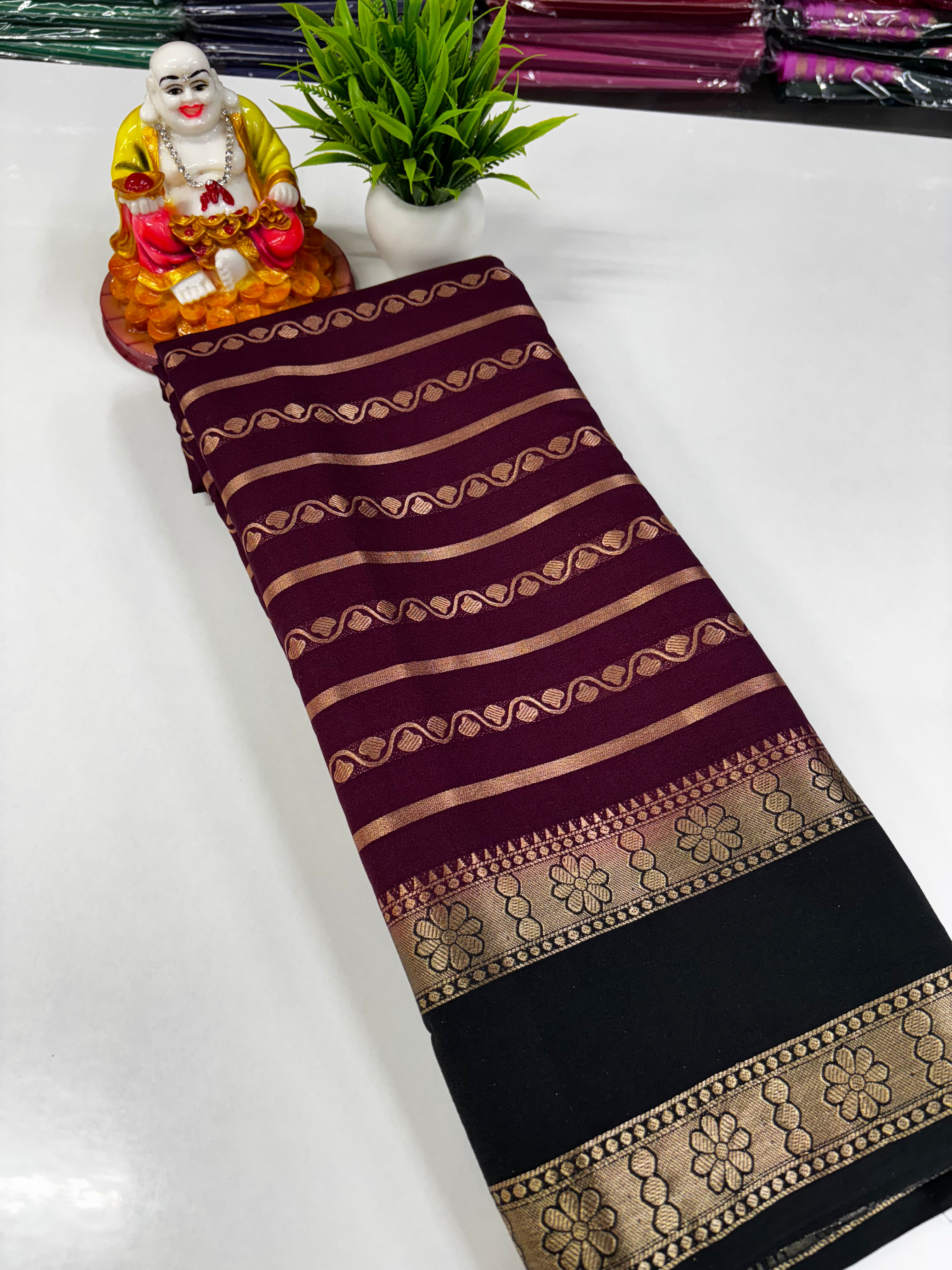 Elegant Semi Crepe Saree with Stripes and Contrast Colors – Padmavathi Silks and Sarees