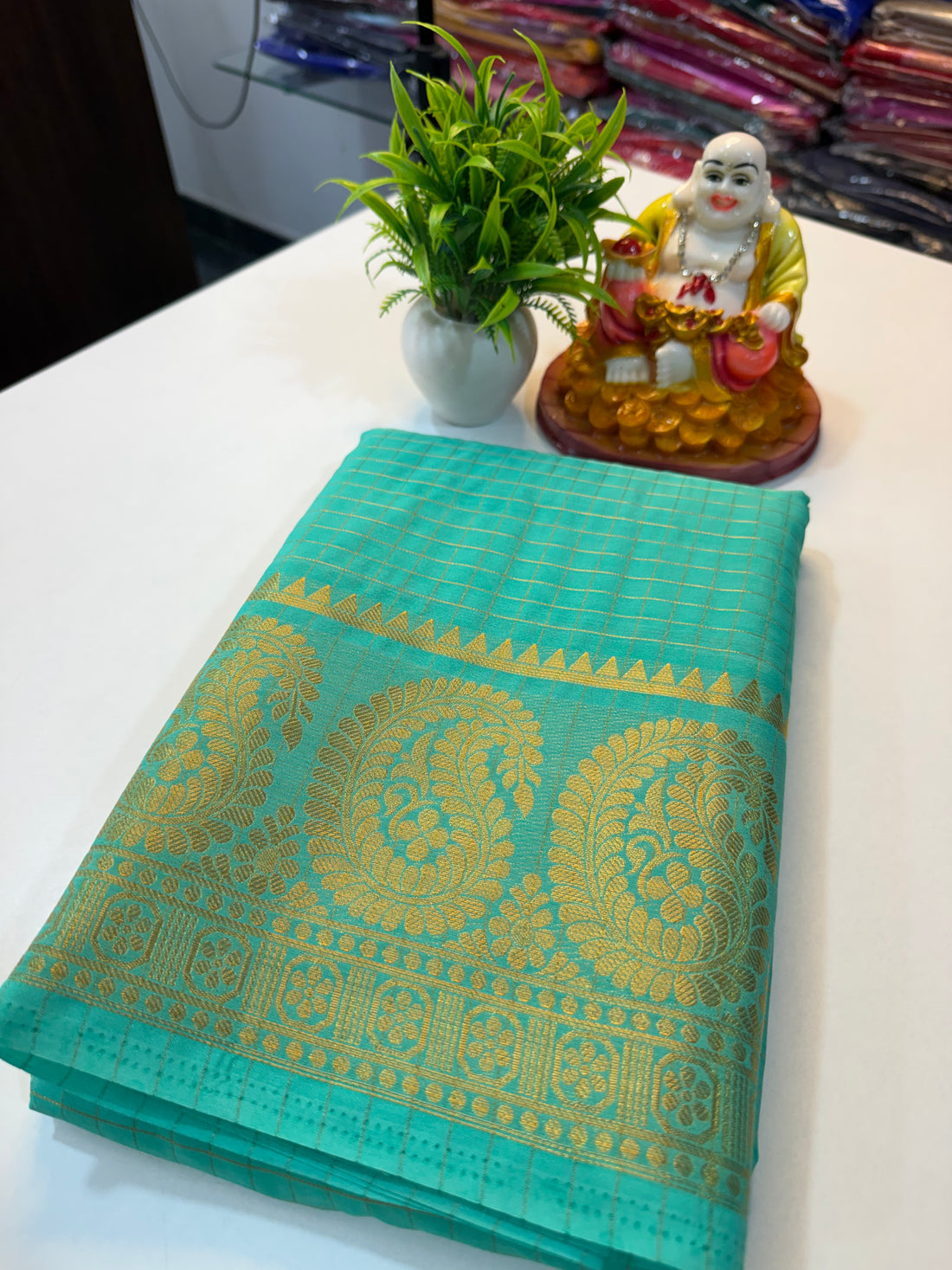 Mysore Crape Silk Saree with Mango Border & Chit Pallu