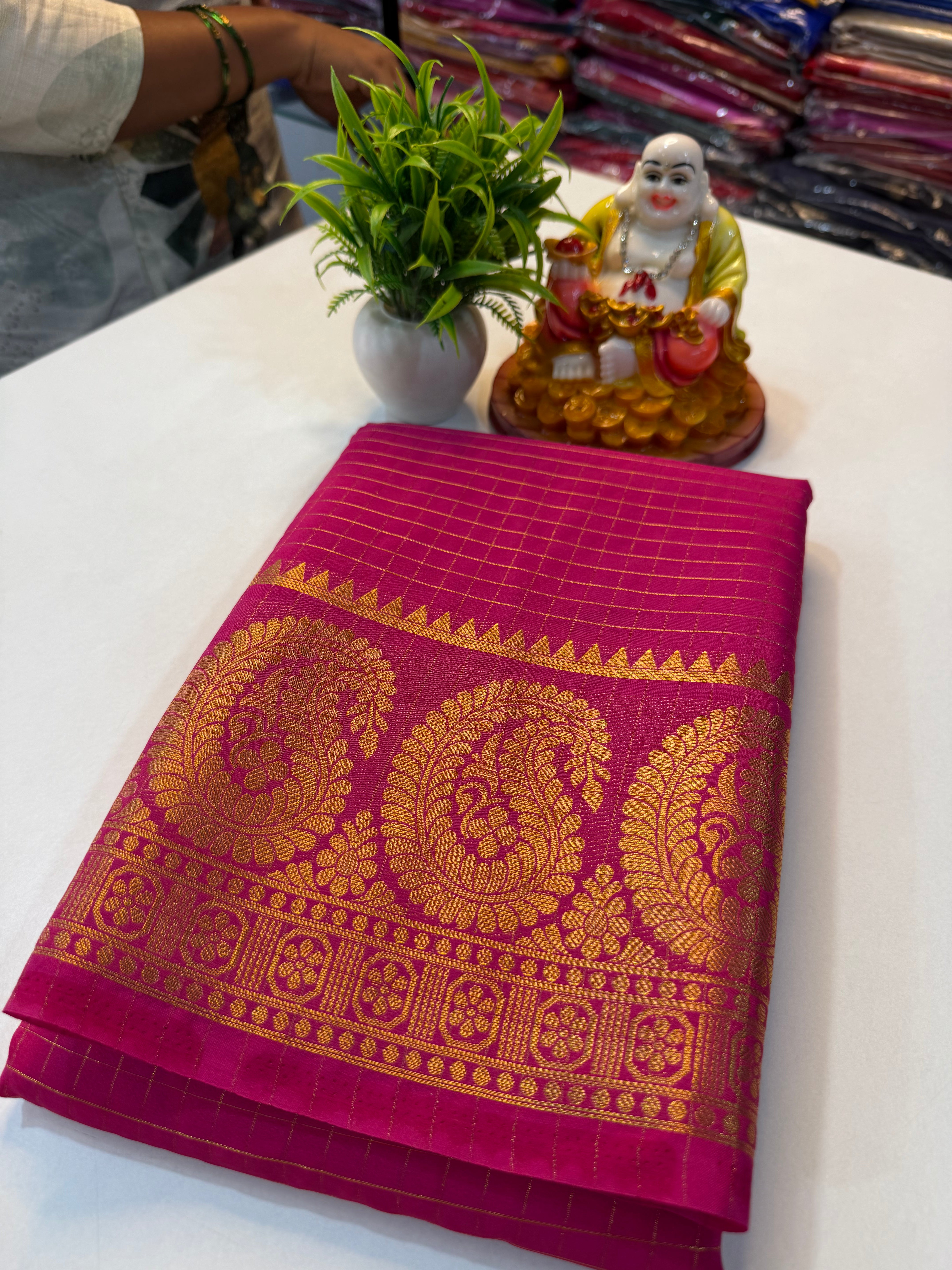 Mysore Crape Silk Saree with Mango Border & Chit Pallu