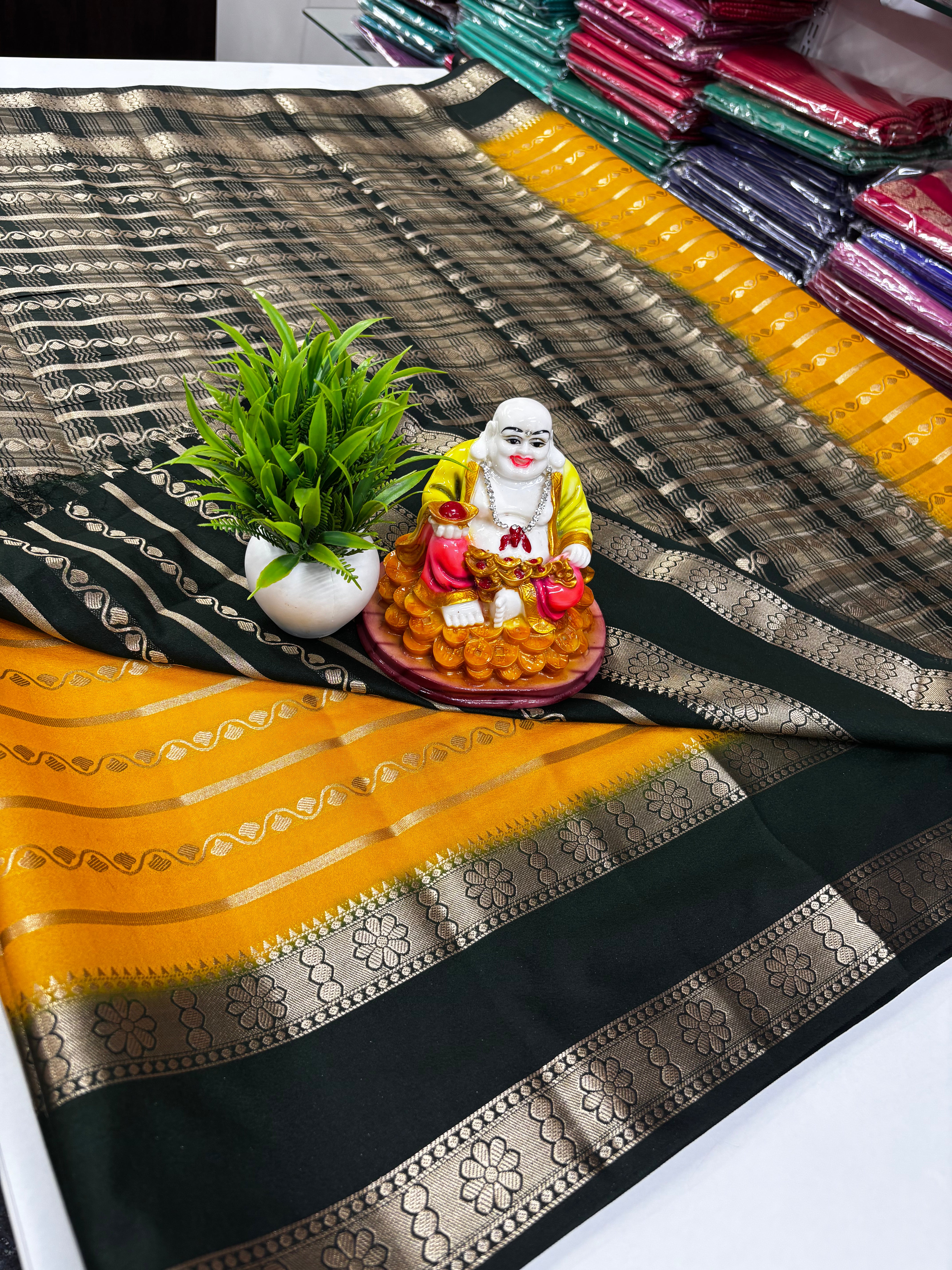 Elegant Semi Crepe Saree with Stripes and Contrast Colors – Padmavathi Silks and Sarees