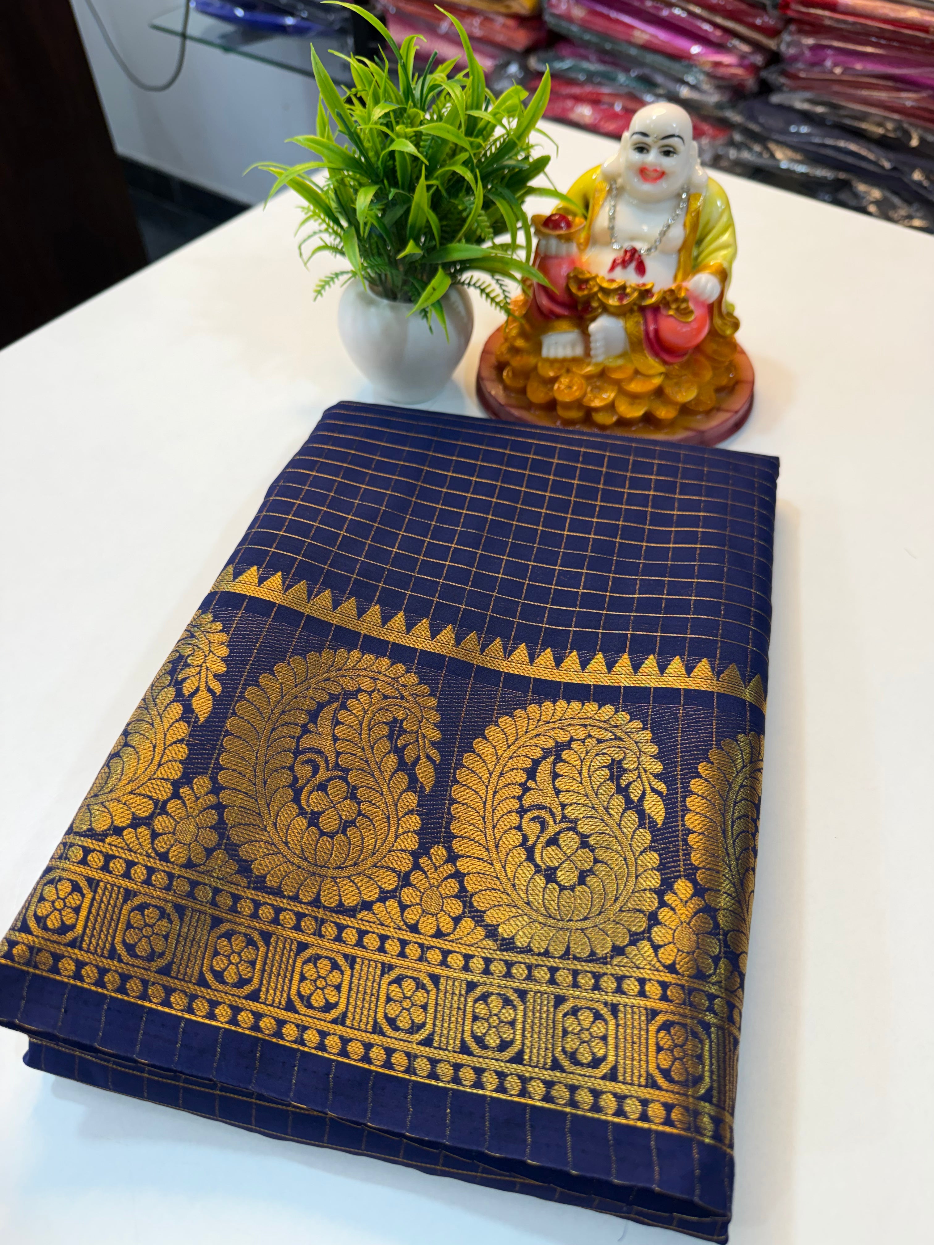 Mysore Crape Silk Saree with Mango Border & Chit Pallu