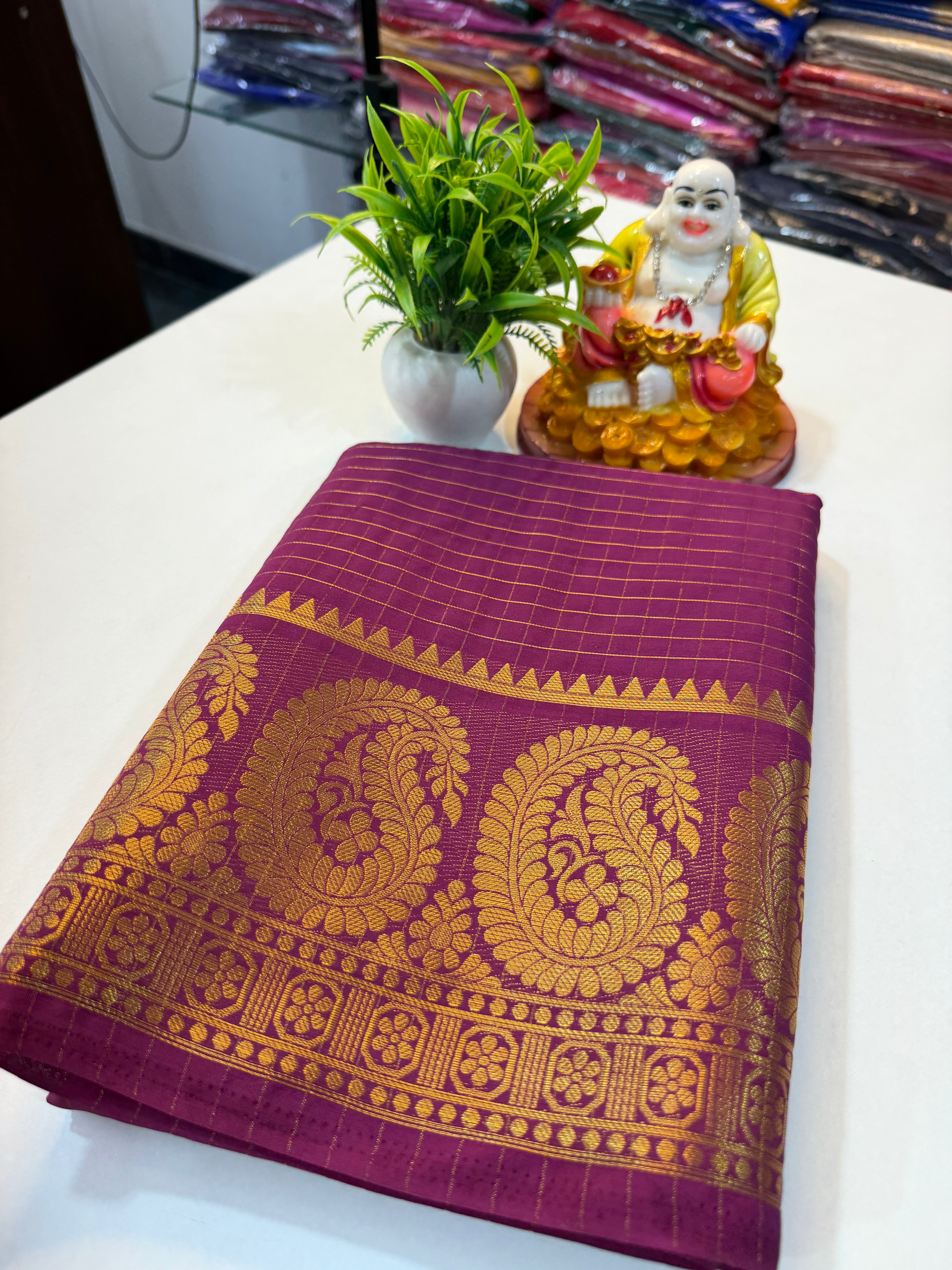 Mysore Crape Silk Saree with Mango Border & Chit Pallu