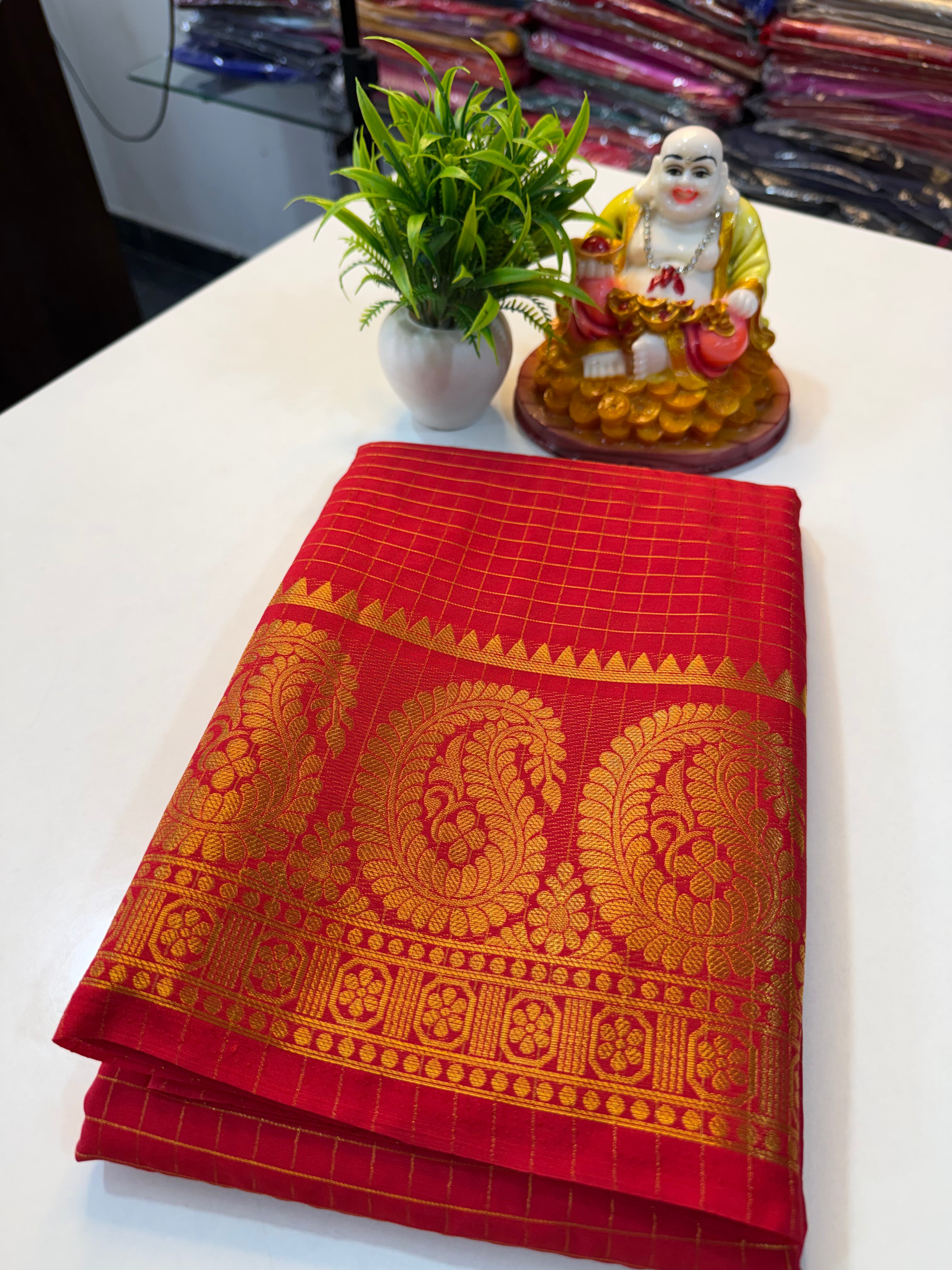 Mysore Crape Silk Saree with Mango Border & Chit Pallu