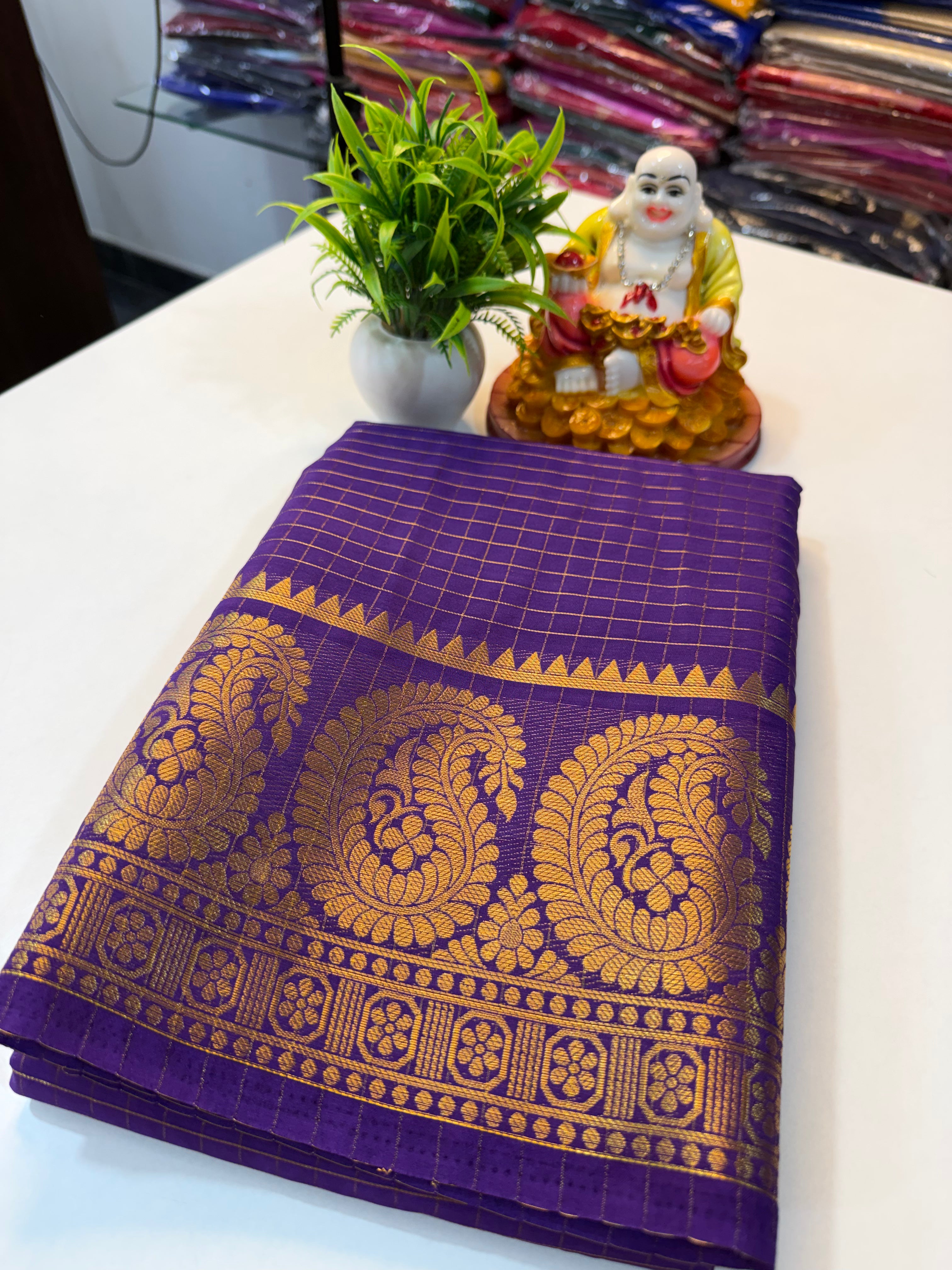 Mysore Crape Silk Saree with Mango Border & Chit Pallu