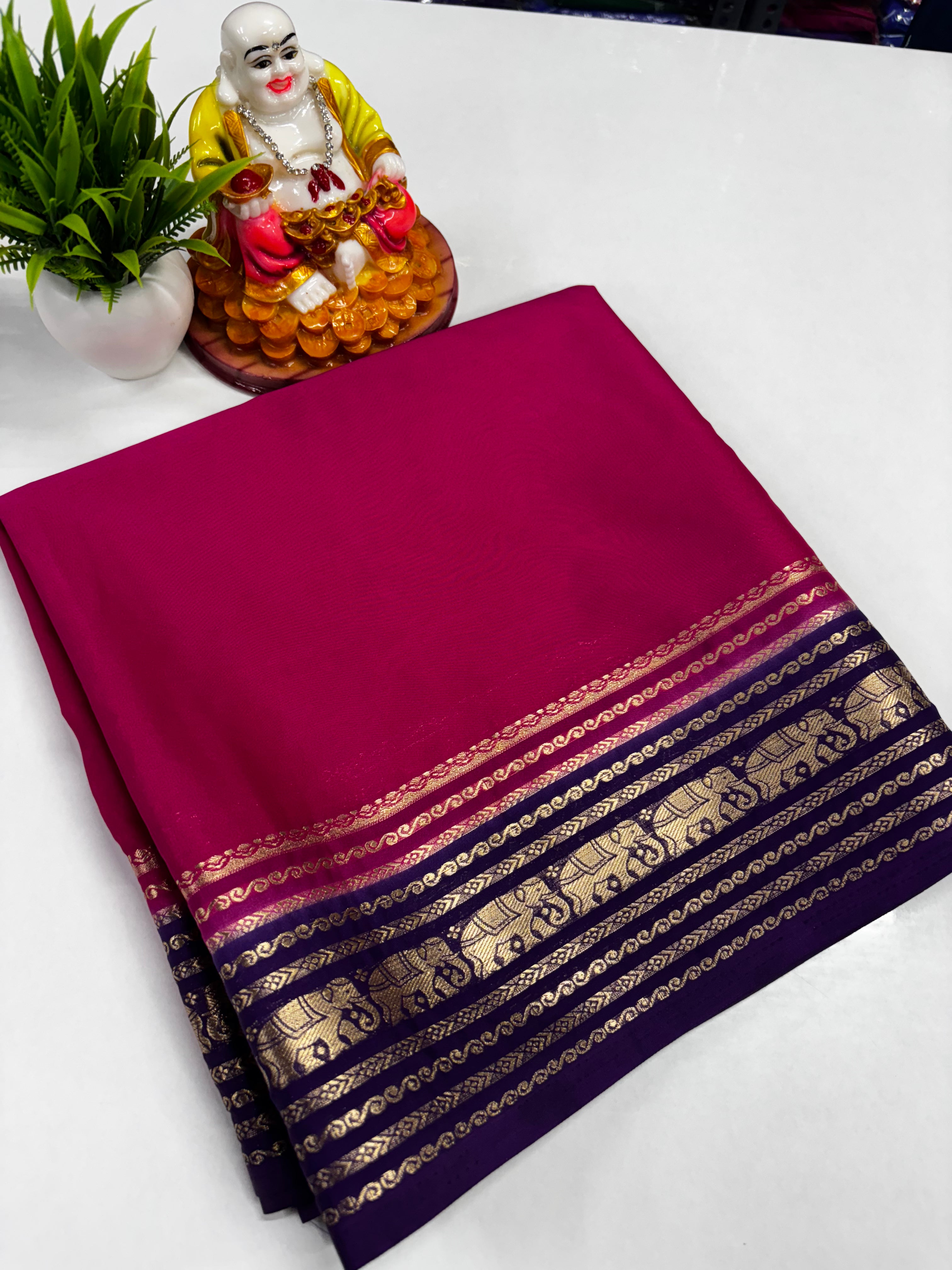Semi Crepe Saree with Elephant Border and Contrast Colors – Padmavathi Silks and Sarees