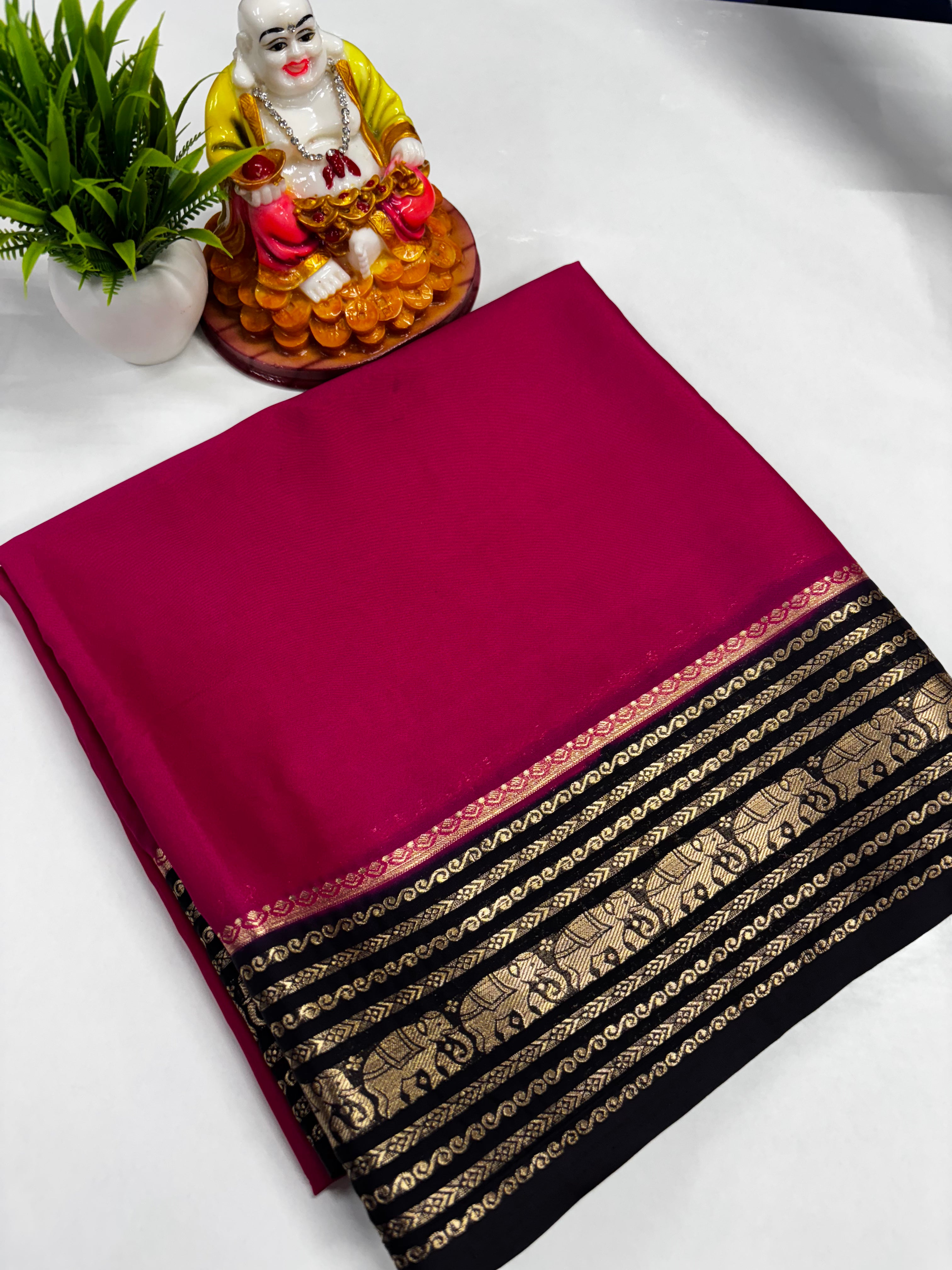Semi Crepe Saree with Elephant Border and Contrast Colors – Padmavathi Silks and Sarees