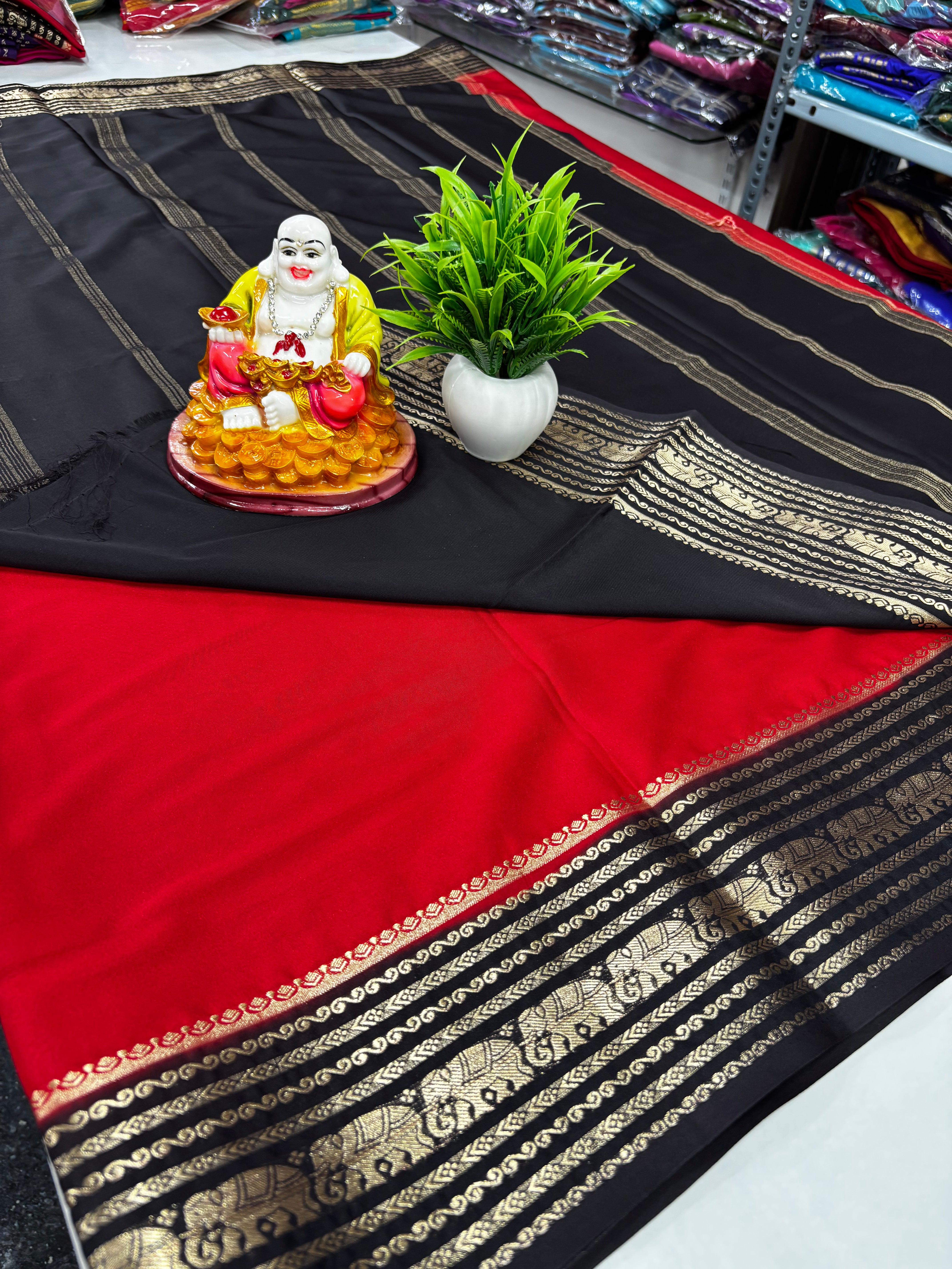 Semi Crepe Saree with Elephant Border and Contrast Colors – Padmavathi Silks and Sarees