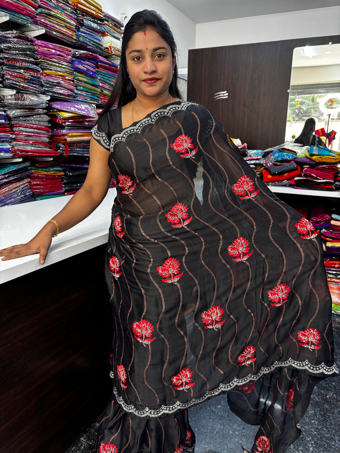 Beautiful Fancy Saree with Red Rose Design