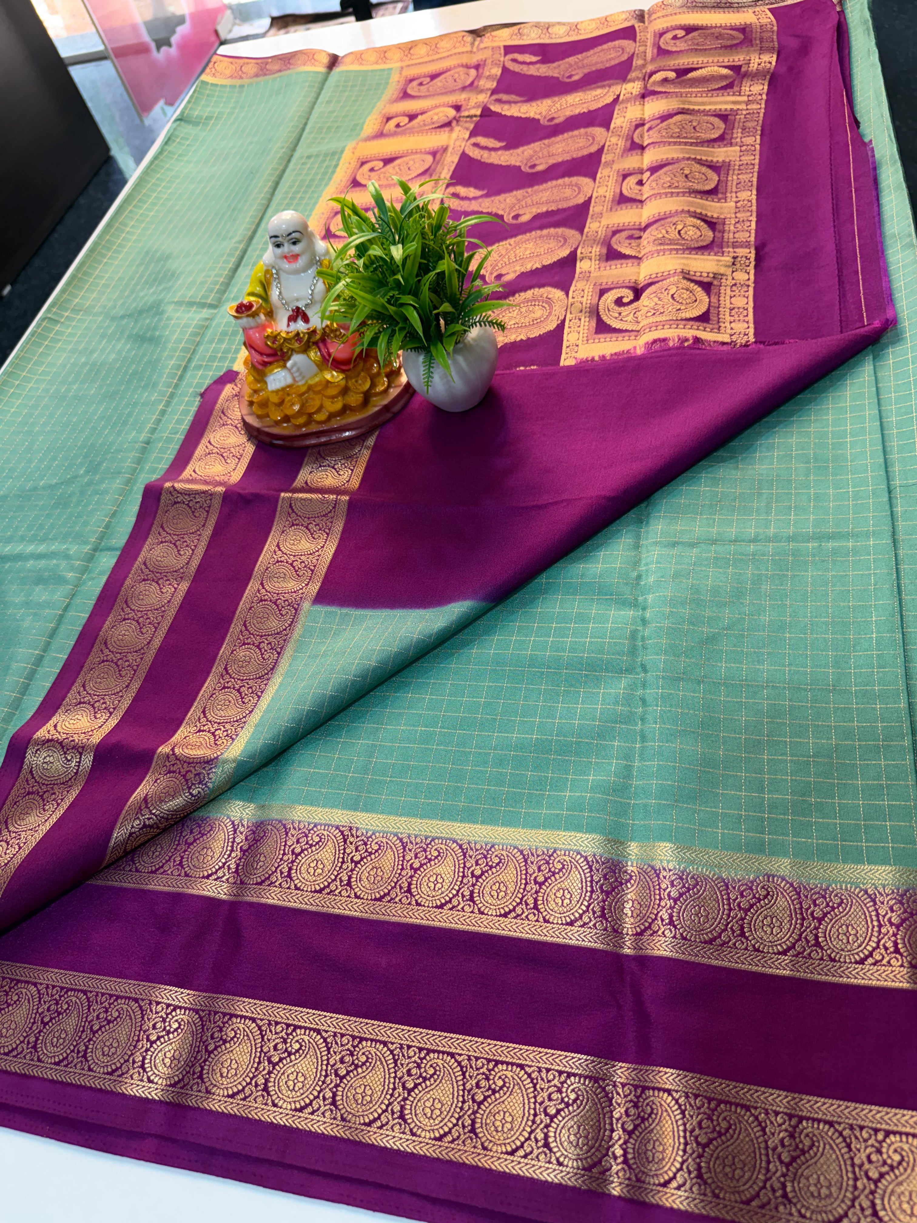 Premium Mysore Crape Silk Saree with Mango Bentex Border & Rich Pallu…
