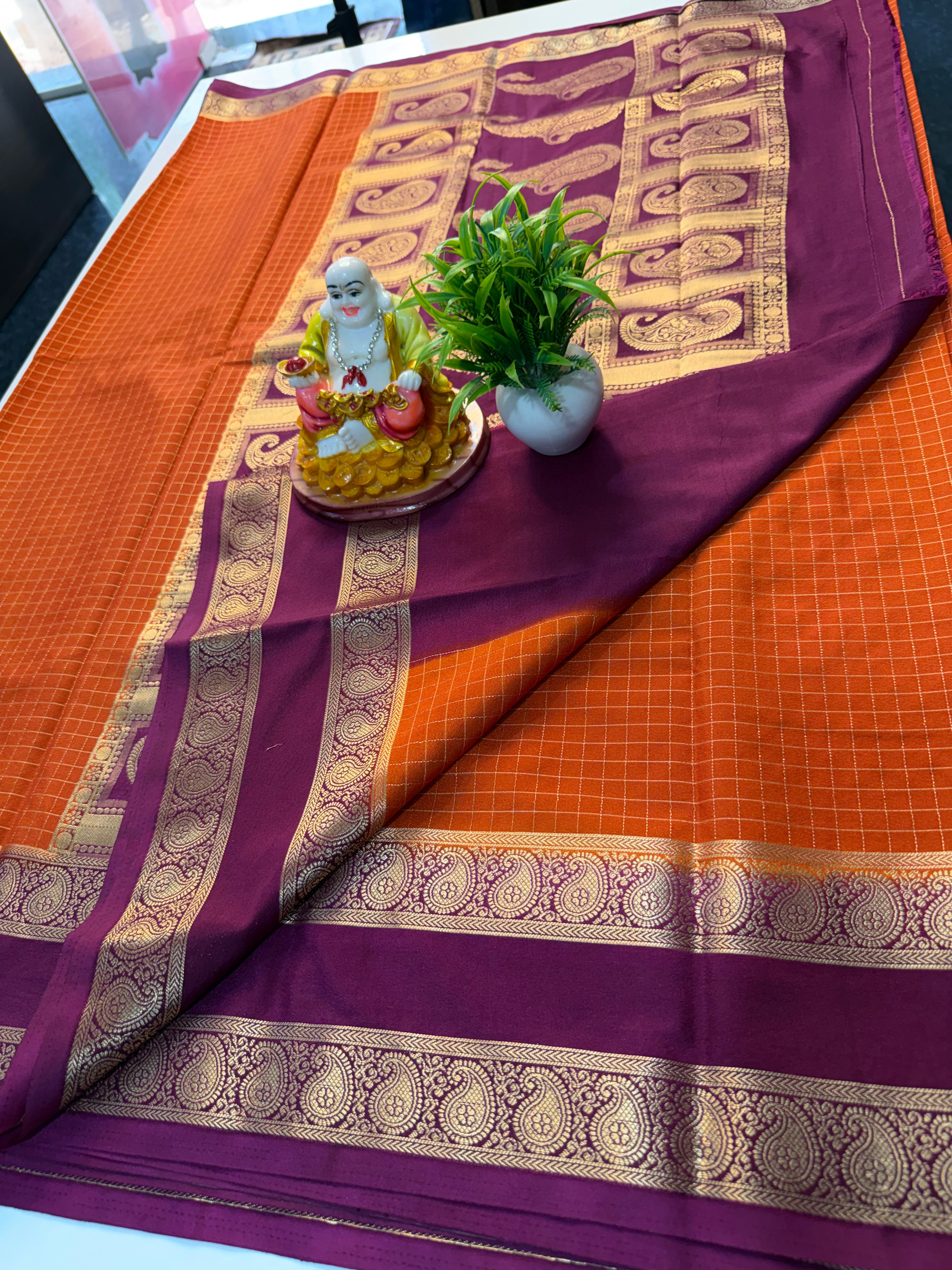 Premium Mysore Crape Silk Saree with Mango Bentex Border & Rich Pallu…