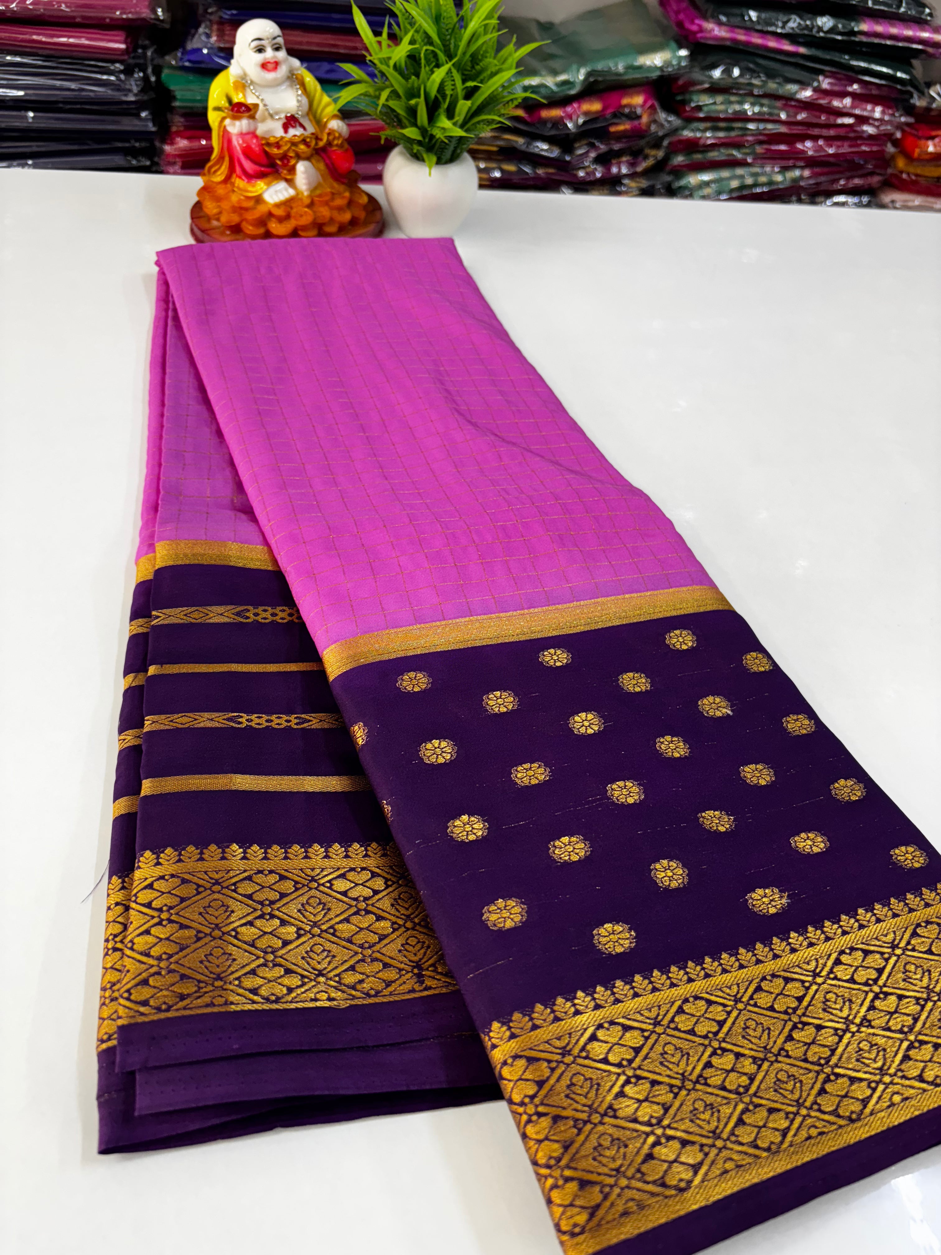 Elegant Semi Crepe Saree with Butta and Checks – Padmavathi Silks and Sarees