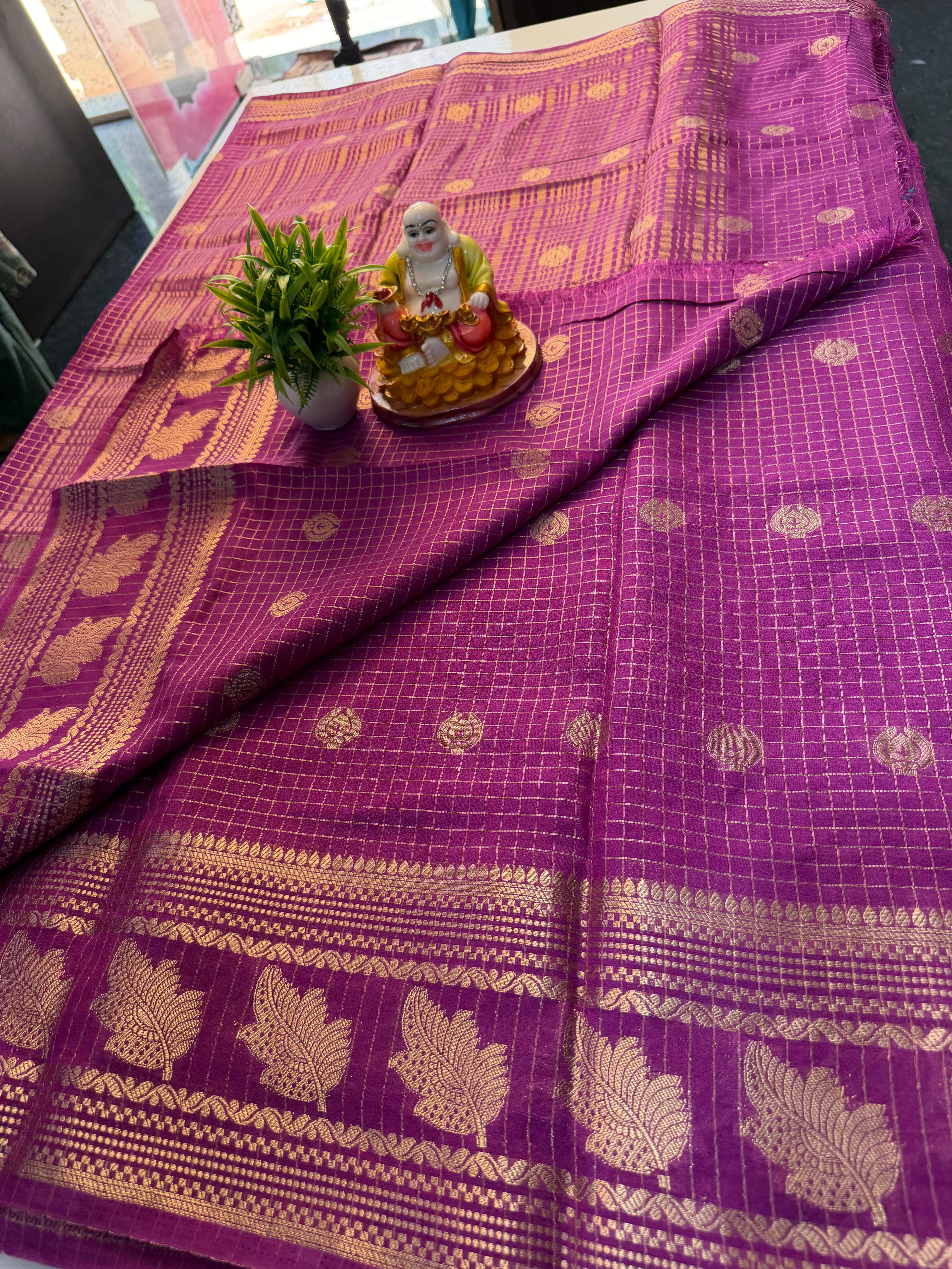 Mysore Crepe Silk Saree with Checks, Buttas & Rich Pallu……