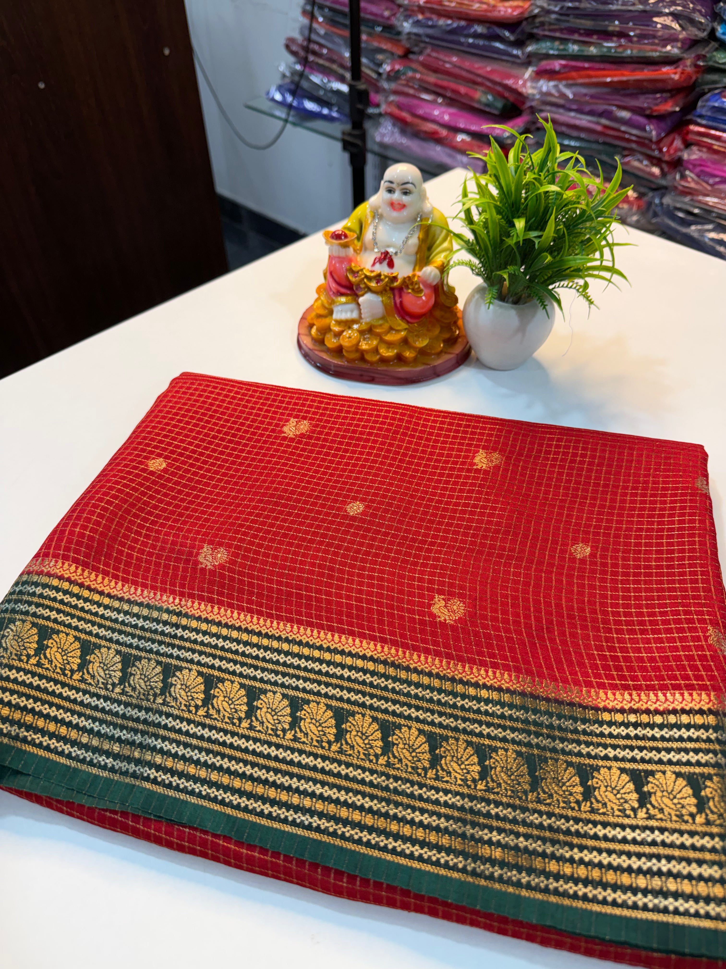 Premium Viscose Saree with Checks & Peacock Buttas with Contrast Butta Blouse | Padmavathi Silks and Sarees…