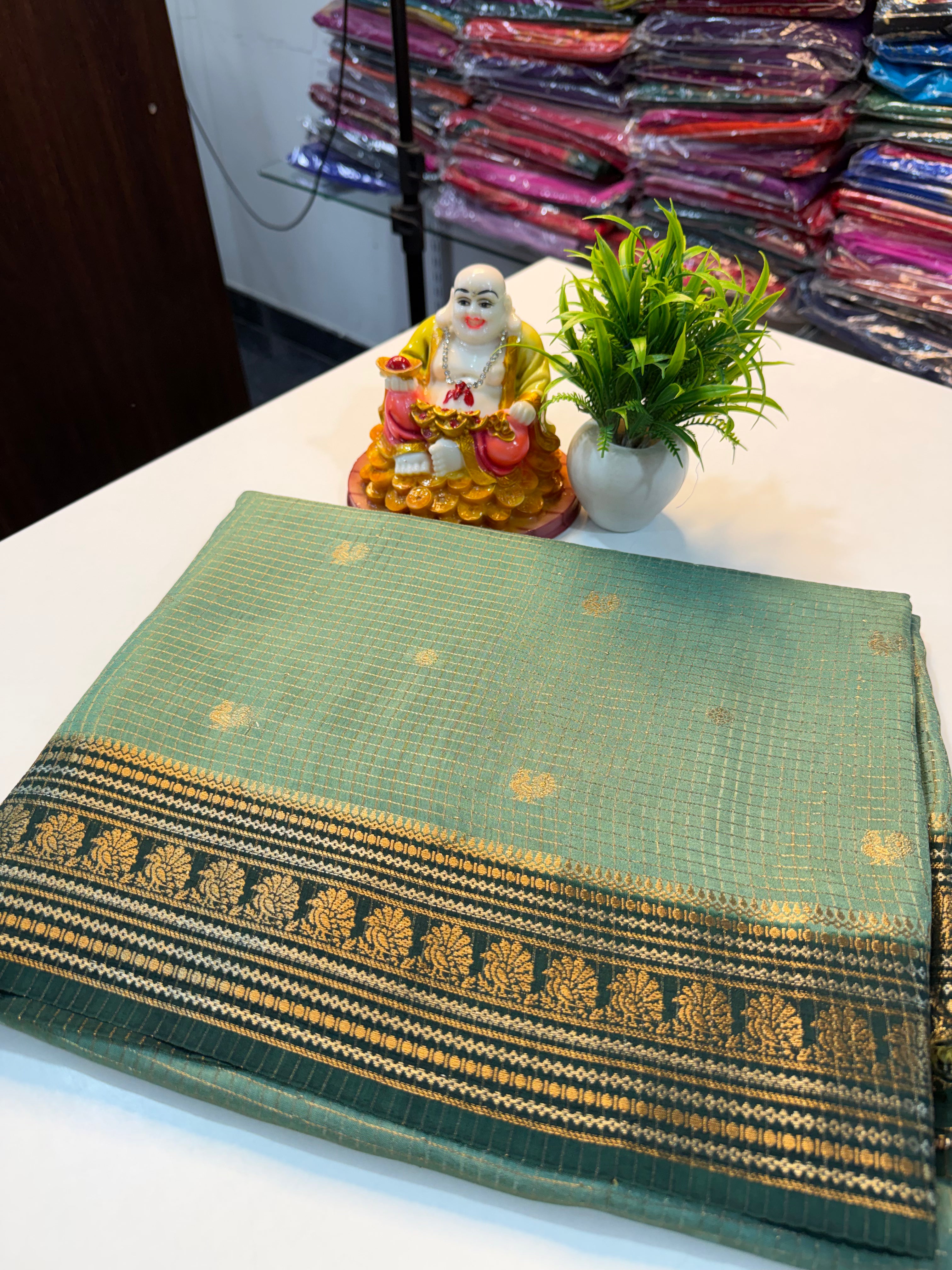 Premium Viscose Saree with Checks & Peacock Buttas with Contrast Butta Blouse | Padmavathi Silks and Sarees…