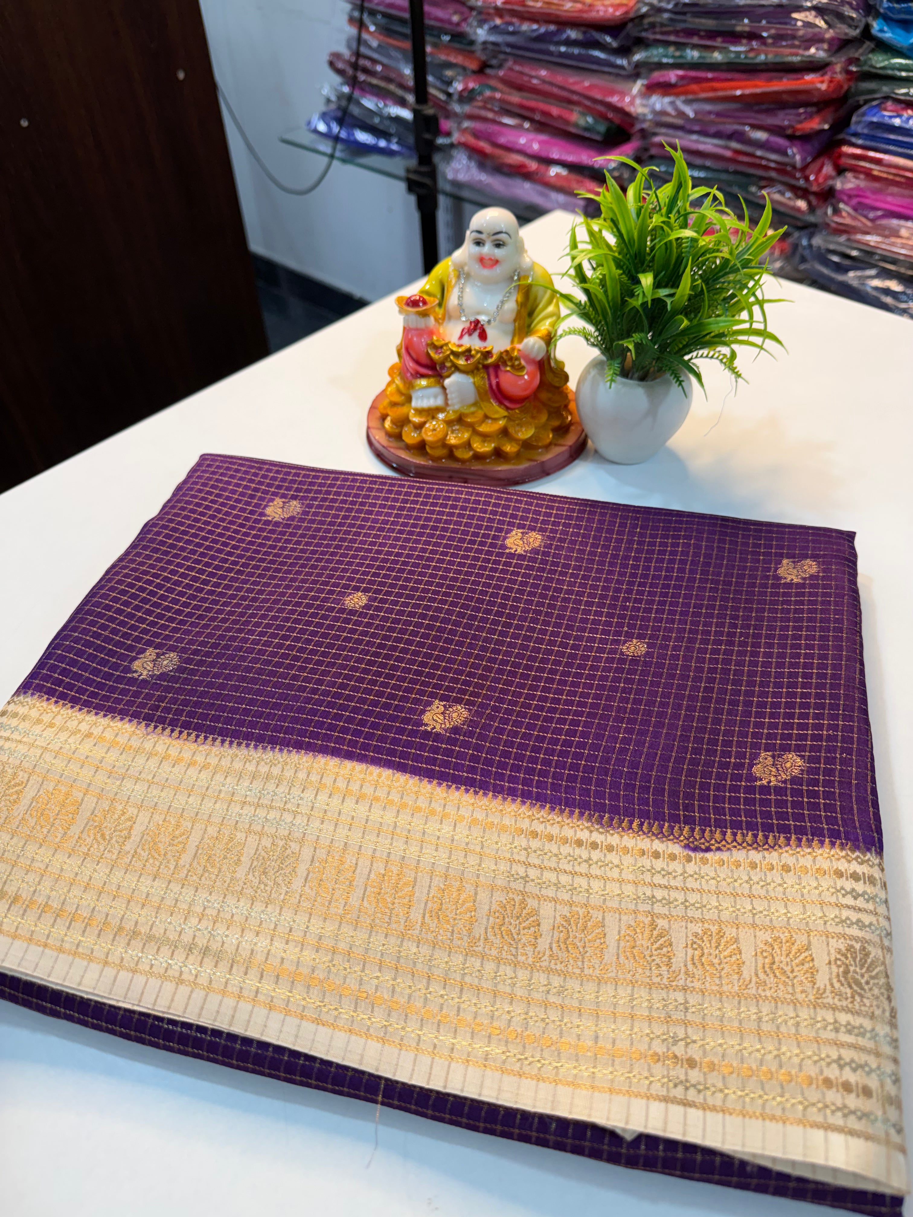 Premium Viscose Saree with Checks & Peacock Buttas with Contrast Butta Blouse | Padmavathi Silks and Sarees…